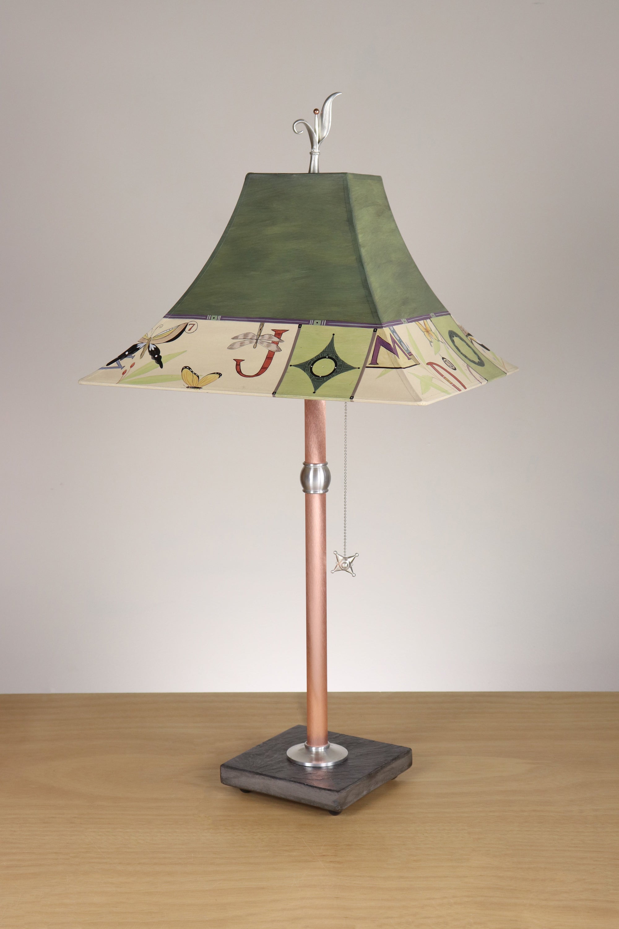 Janna Ugone & Co Table Lamp Copper Table Lamp with Medium Pagoda Shade in Typography in Olive