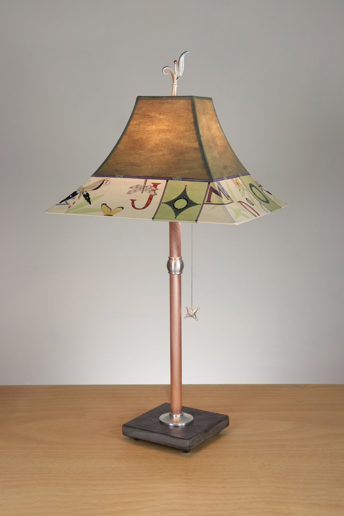 Janna Ugone &amp; Co Table Lamp Copper Table Lamp with Medium Pagoda Shade in Typography in Olive