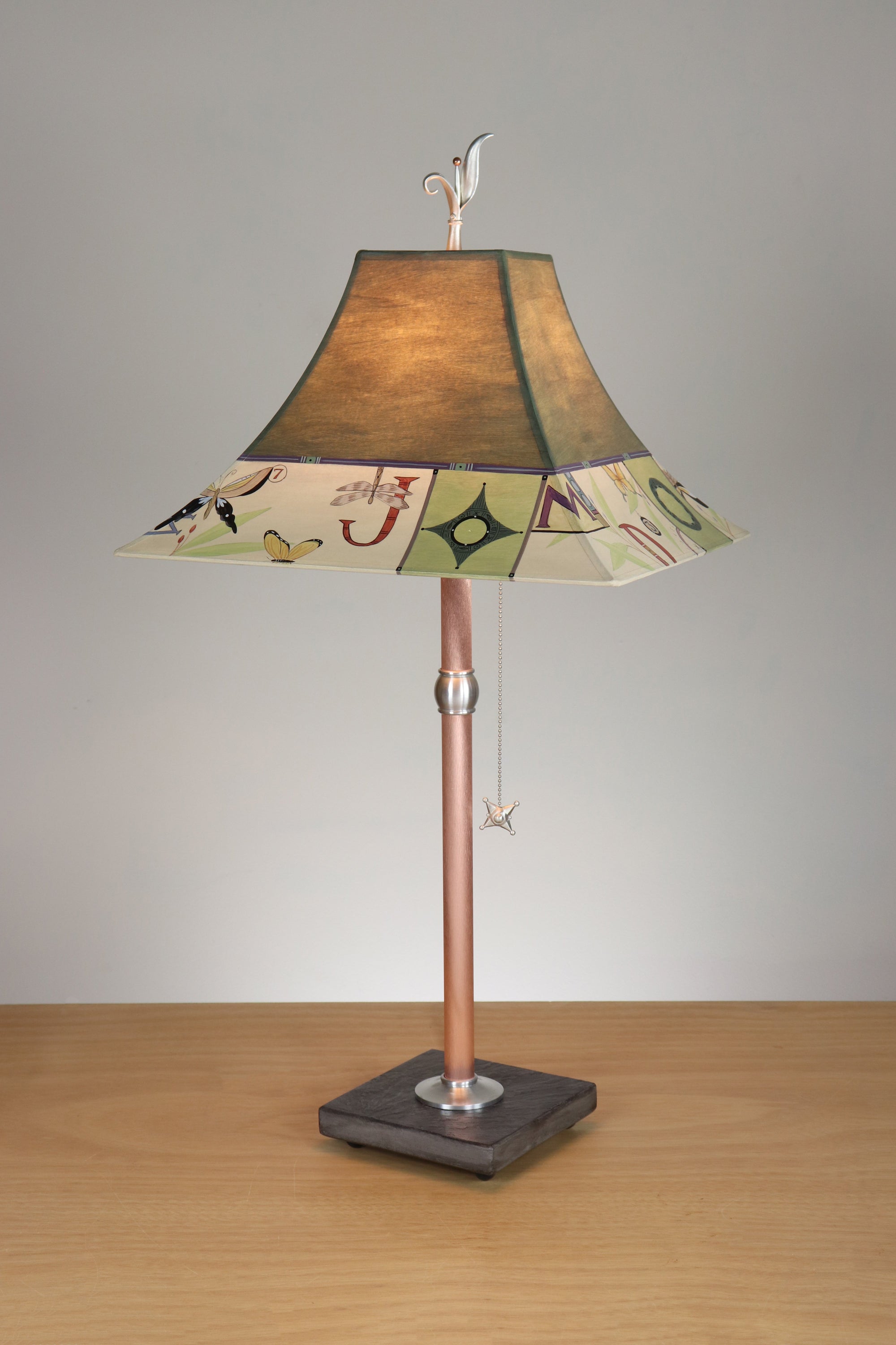 Janna Ugone & Co Table Lamp Copper Table Lamp with Medium Pagoda Shade in Typography in Olive