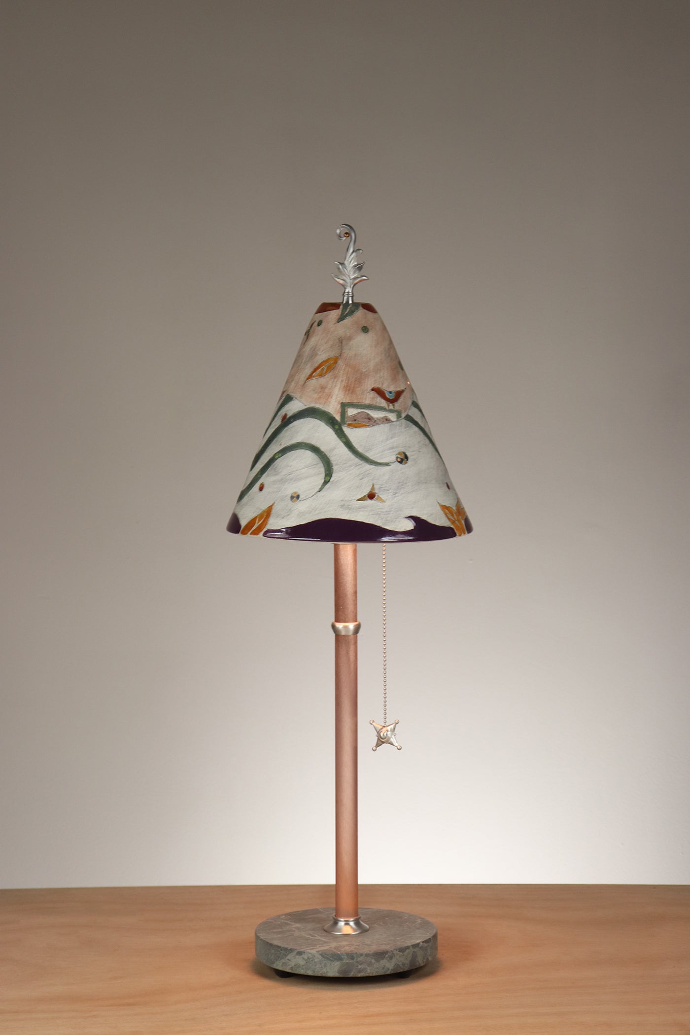 Janna Ugone & Co Table Lamp Copper Table Lamp with Small Conical Ceramic Shade in Bird Swirlscape in Terra
