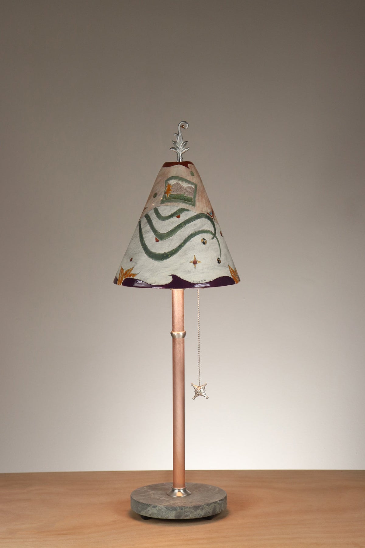 Janna Ugone &amp; Co Table Lamp Copper Table Lamp with Small Conical Ceramic Shade in Bird Swirlscape in Terra