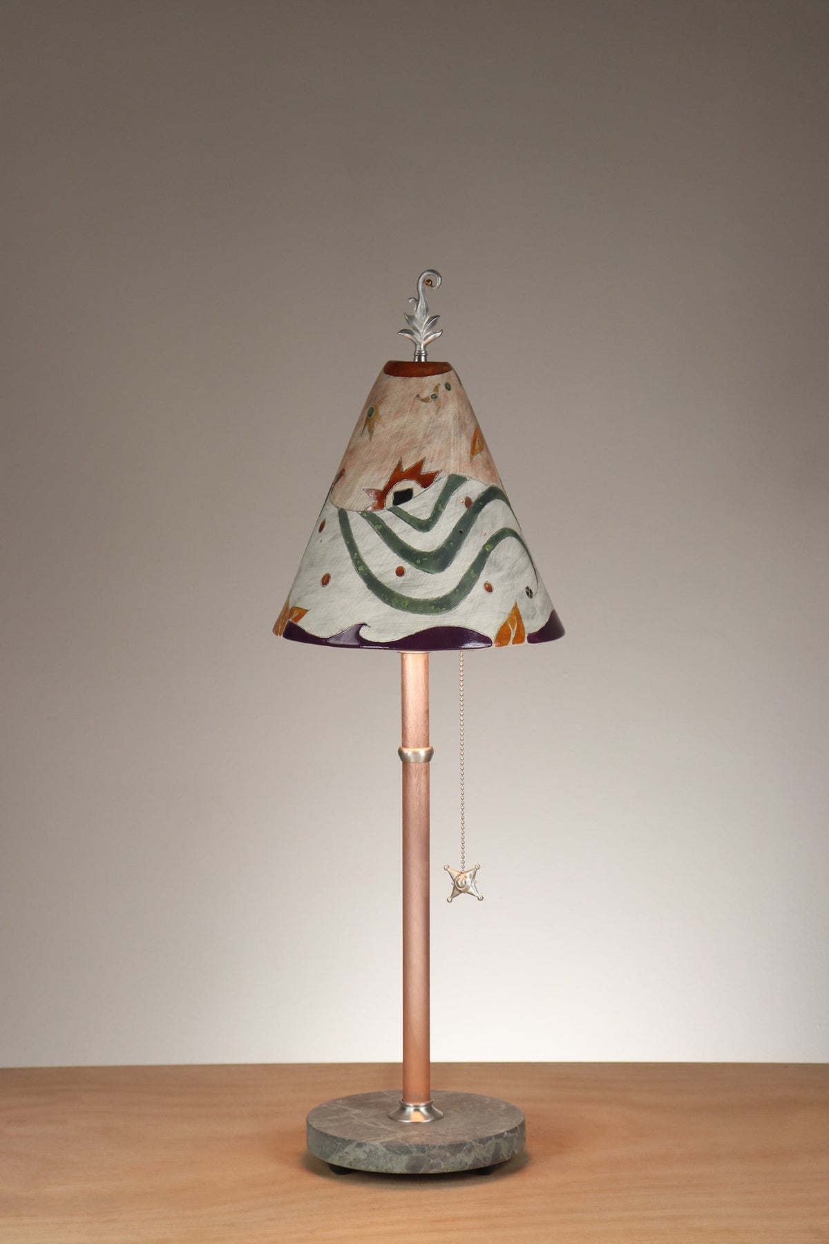 Janna Ugone &amp; Co Table Lamp Copper Table Lamp with Small Conical Ceramic Shade in Bird Swirlscape in Terra