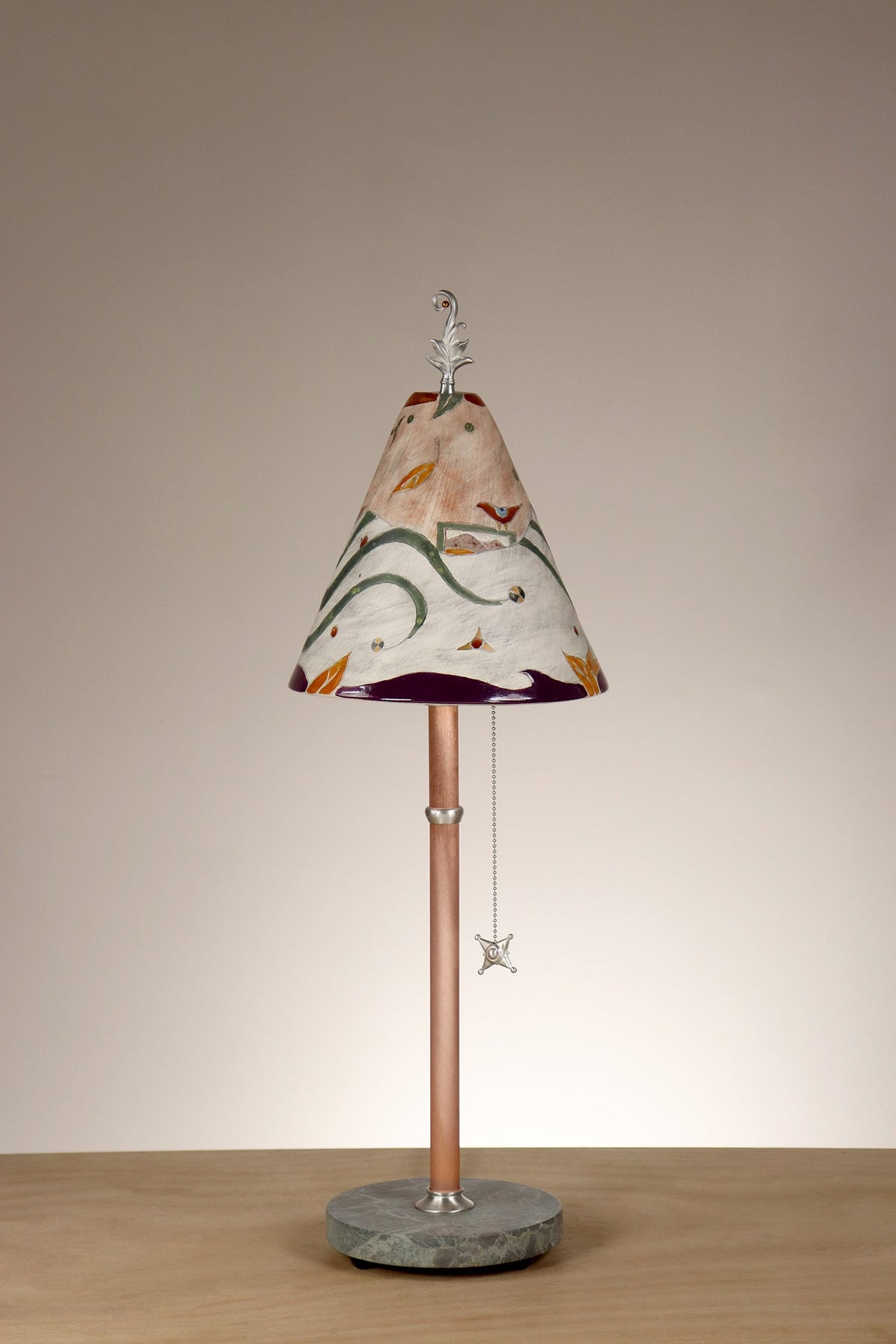 Janna Ugone &amp; Co Table Lamp Copper Table Lamp with Small Conical Ceramic Shade in Bird Swirlscape in Terra