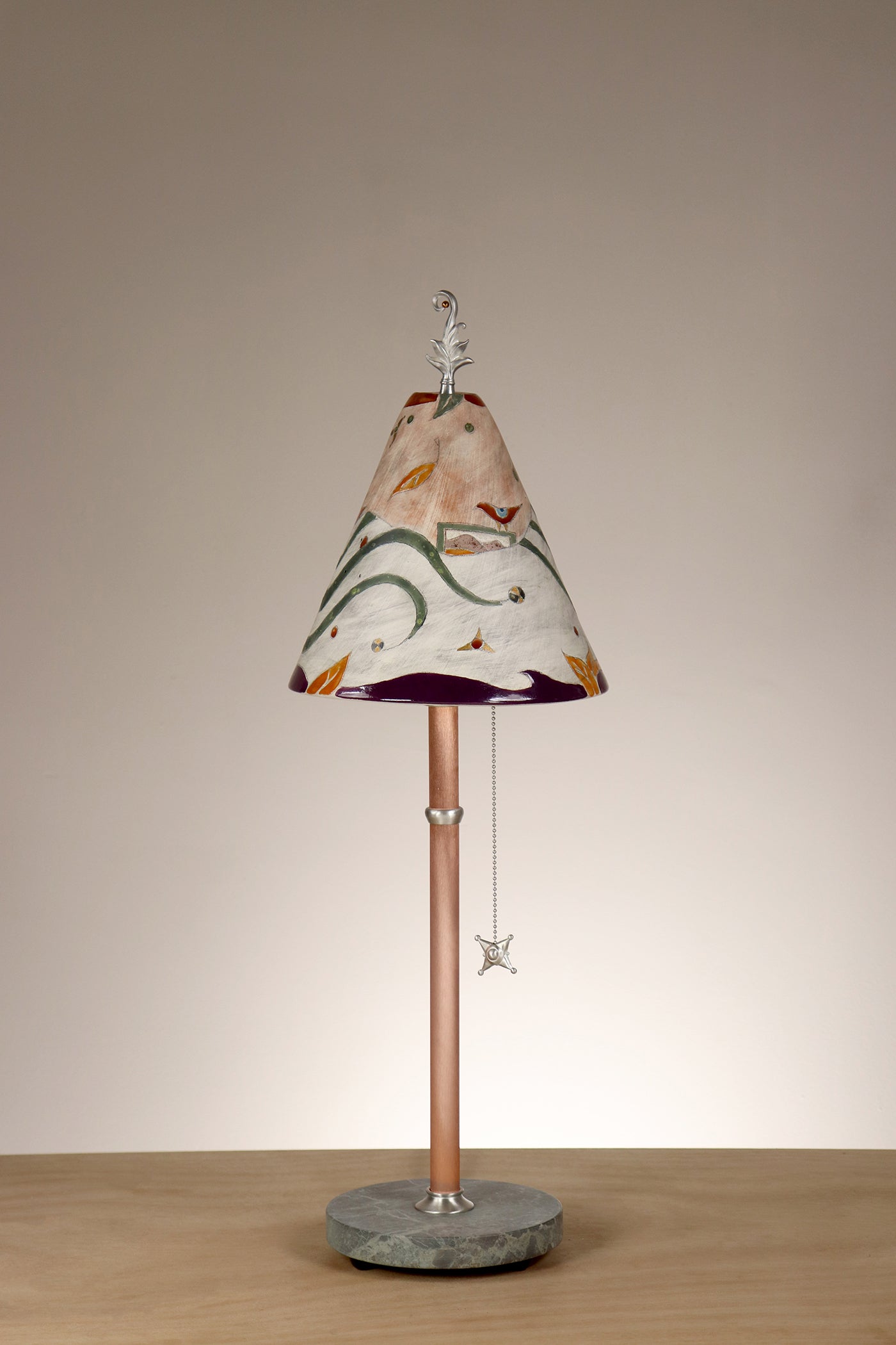 Janna Ugone & Co Table Lamp Copper Table Lamp with Small Conical Ceramic Shade in Bird Swirlscape in Terra