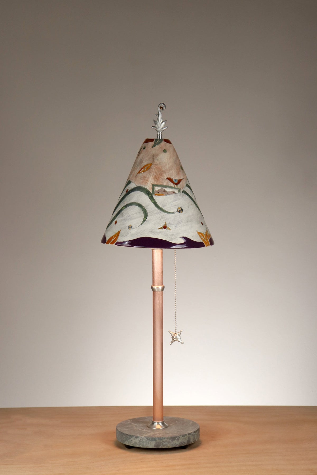 Janna Ugone &amp; Co Table Lamp Copper Table Lamp with Small Conical Ceramic Shade in Bird Swirlscape in Terra