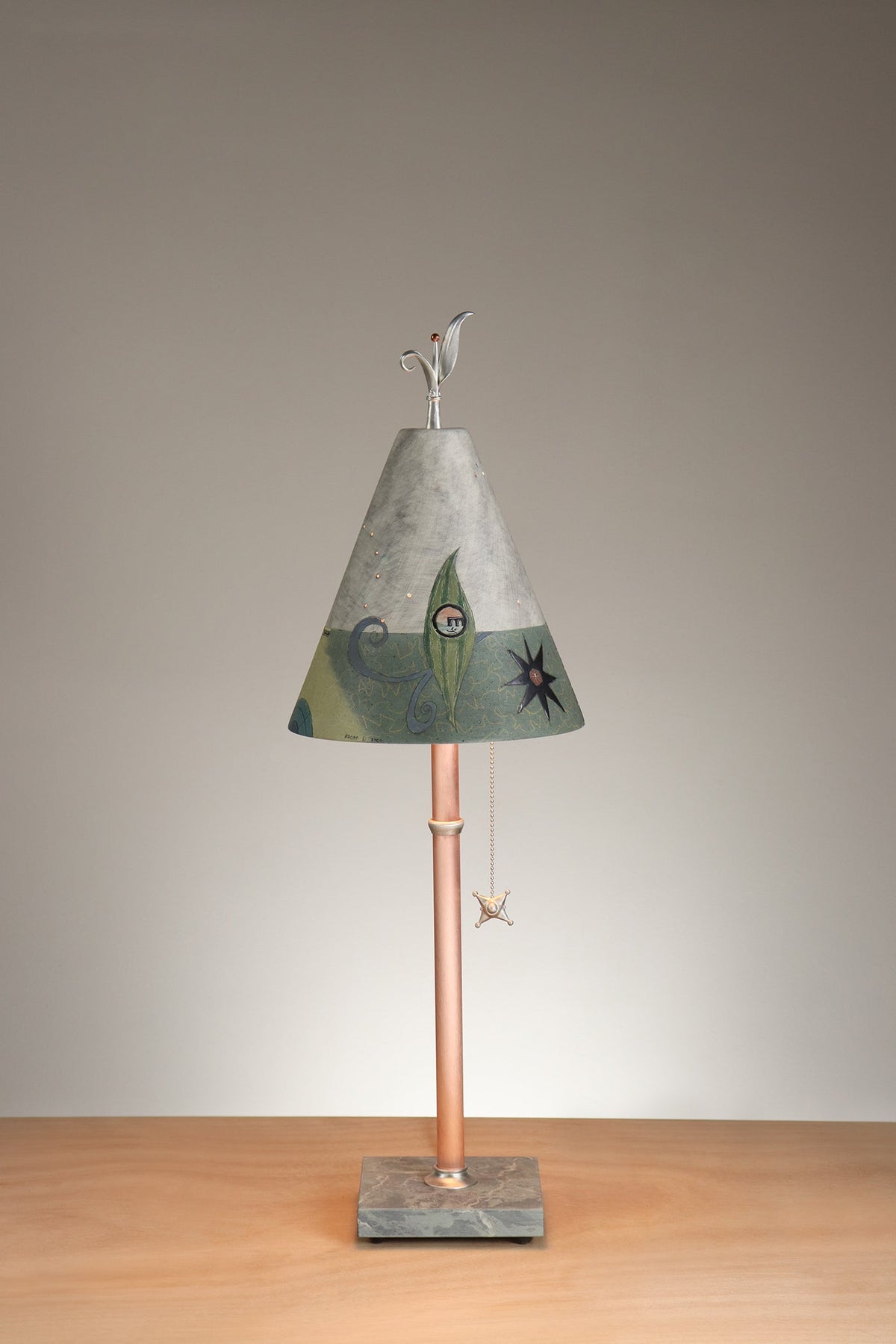 Janna Ugone &amp; Co Table Lamp Copper Table Lamp with Small Conical Ceramic Shade in British Border in Ash