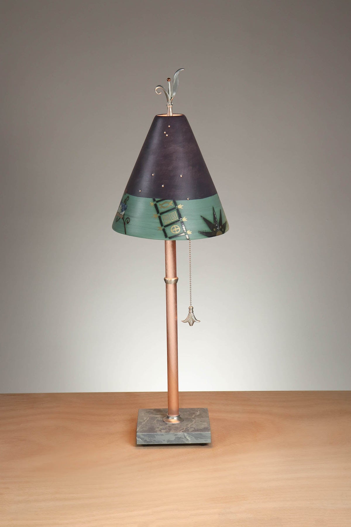 Janna Ugone &amp; Co Table Lamp Copper Table Lamp with Small Conical Ceramic Shade in British Border in Plum