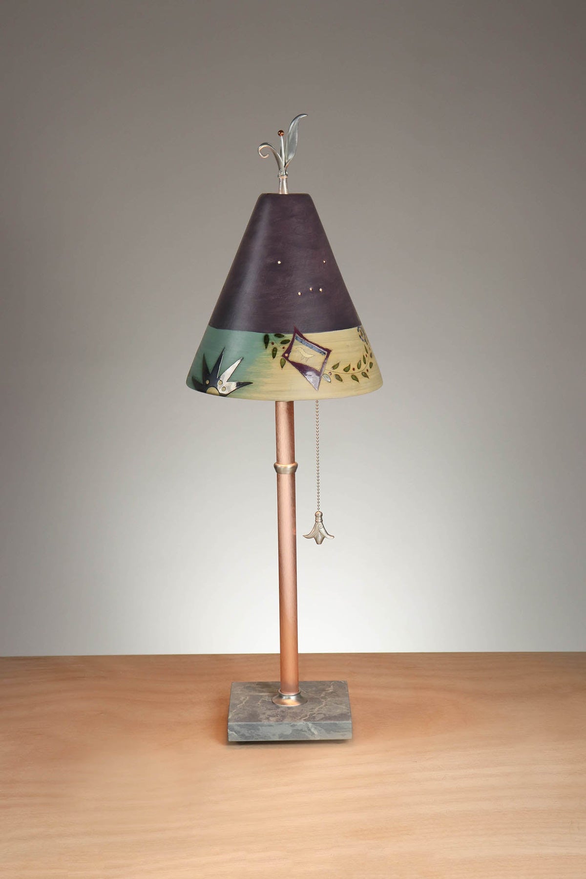 Janna Ugone &amp; Co Table Lamp Copper Table Lamp with Small Conical Ceramic Shade in British Border in Plum