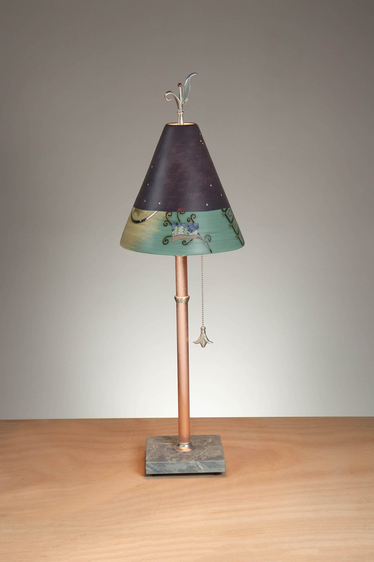 Janna Ugone &amp; Co Table Lamp Copper Table Lamp with Small Conical Ceramic Shade in British Border in Plum