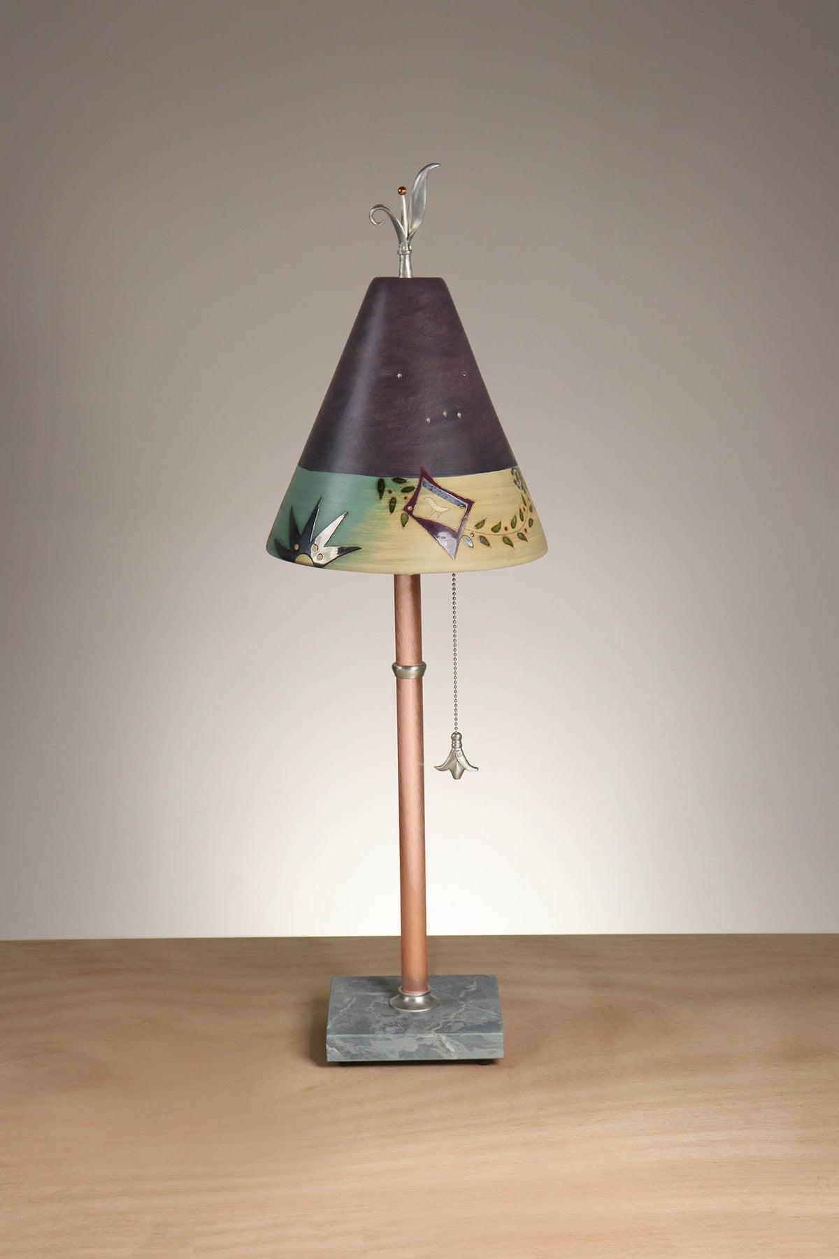 Janna Ugone &amp; Co Table Lamp Copper Table Lamp with Small Conical Ceramic Shade in British Border in Plum