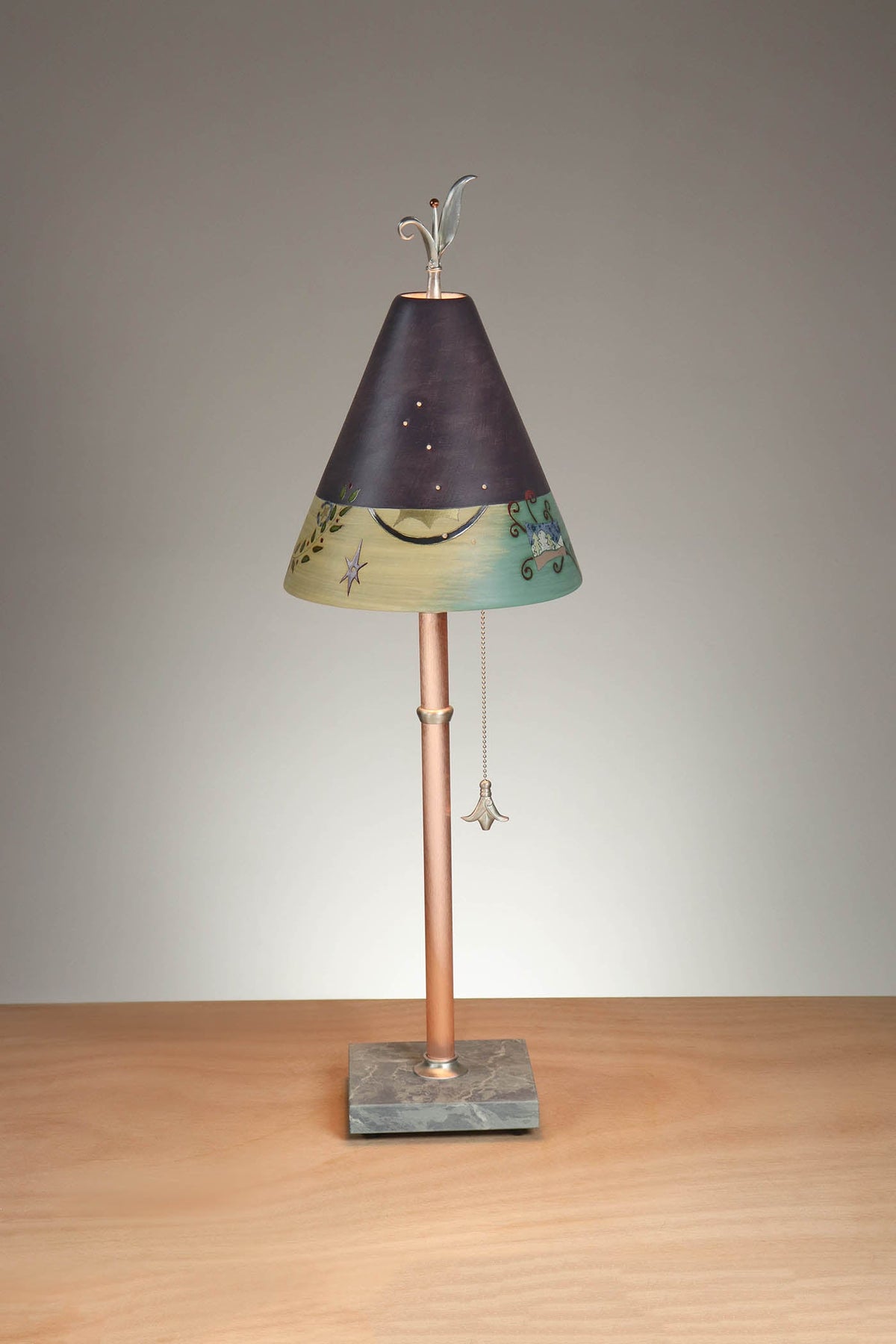 Janna Ugone &amp; Co Table Lamp Copper Table Lamp with Small Conical Ceramic Shade in British Border in Plum