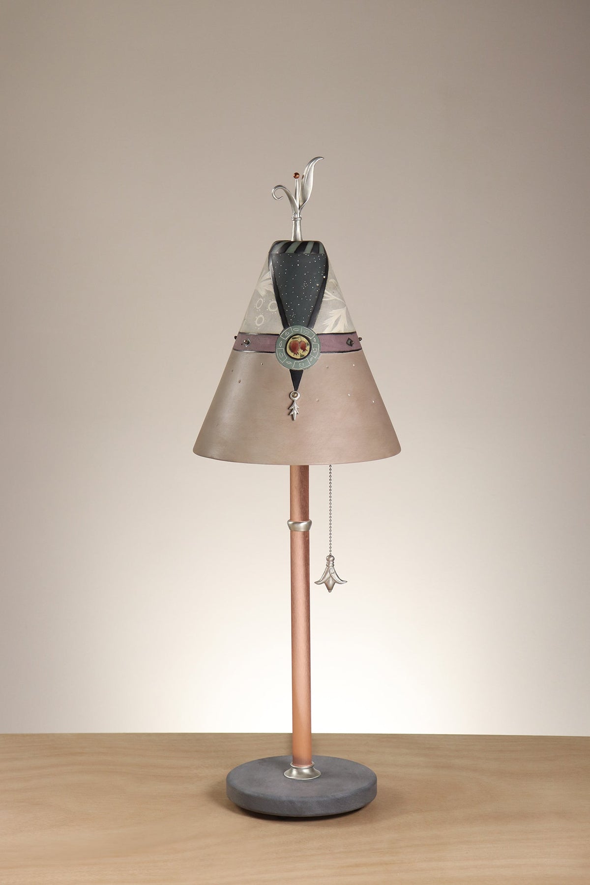 Janna Ugone &amp; Co Table Lamp Copper Table Lamp with Small Conical Ceramic Shade in Damask Charm in Ivory &amp; Taupe