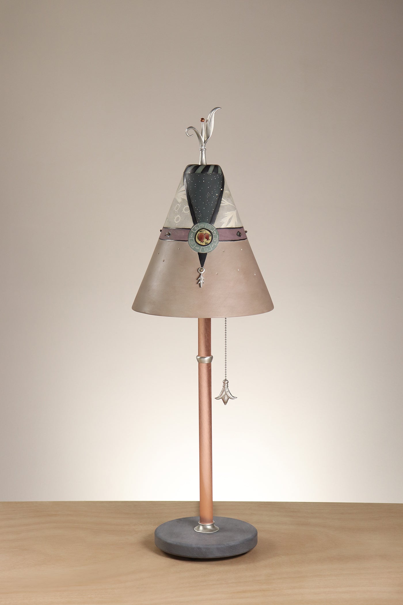 Janna Ugone & Co Table Lamp Copper Table Lamp with Small Conical Ceramic Shade in Damask Charm in Ivory & Taupe