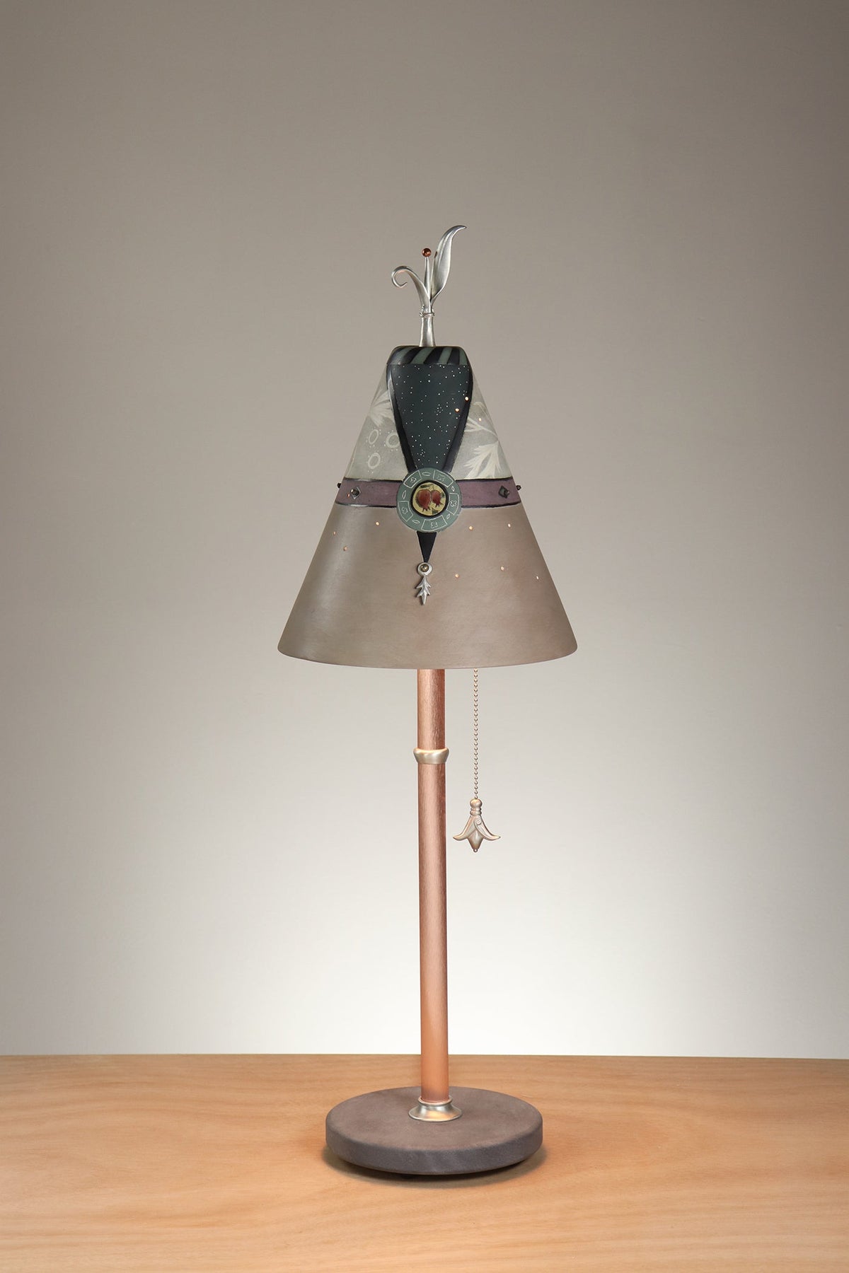 Janna Ugone &amp; Co Table Lamp Copper Table Lamp with Small Conical Ceramic Shade in Damask Charm in Ivory &amp; Taupe