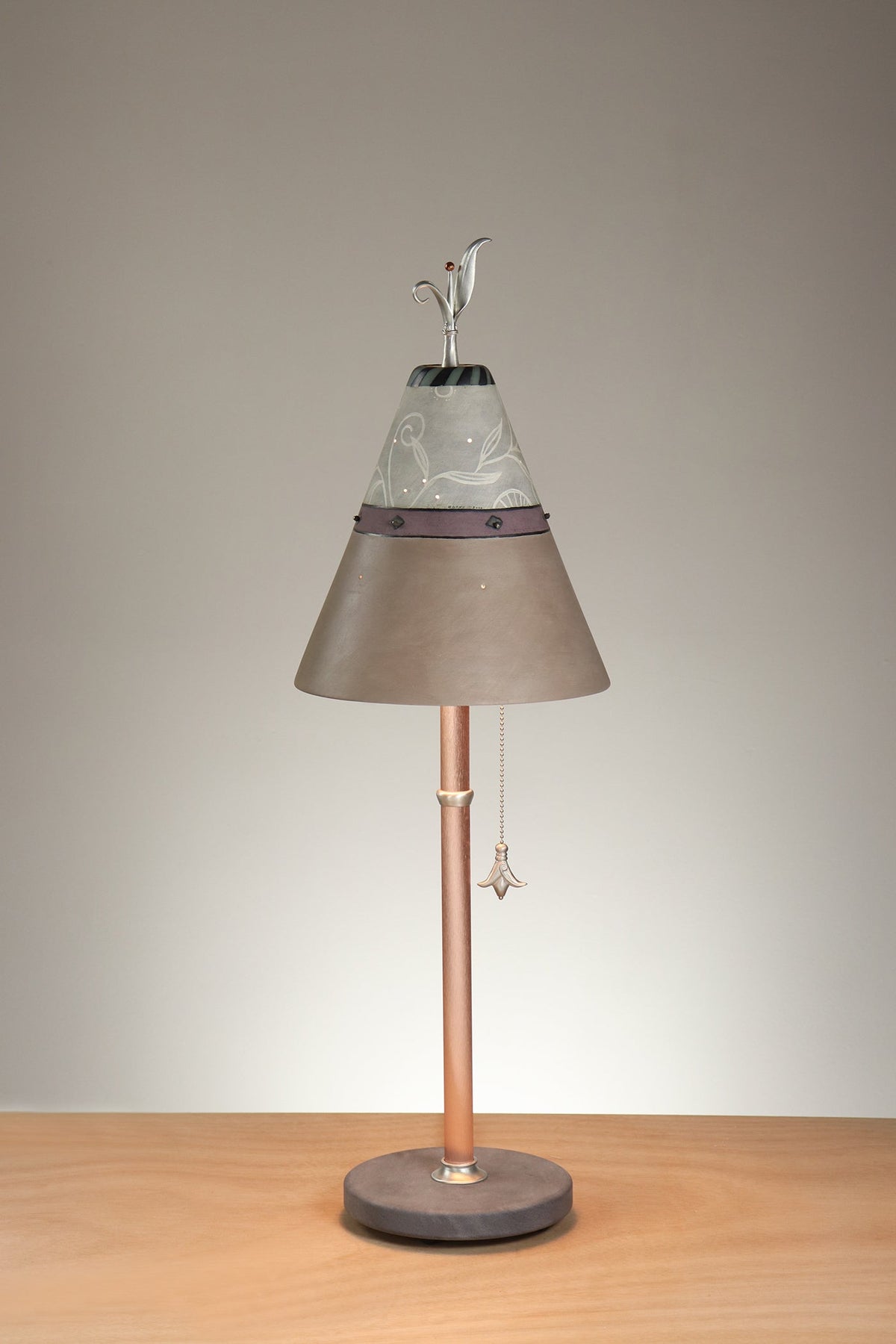 Janna Ugone &amp; Co Table Lamp Copper Table Lamp with Small Conical Ceramic Shade in Damask Charm in Ivory &amp; Taupe