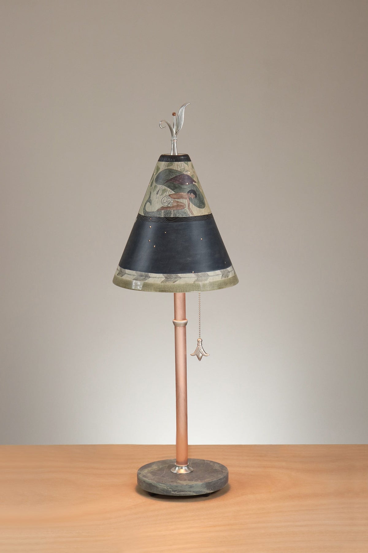 Janna Ugone &amp; Co Table Lamp Copper Table Lamp with Small Conical Ceramic Shade in Egyption Leaf