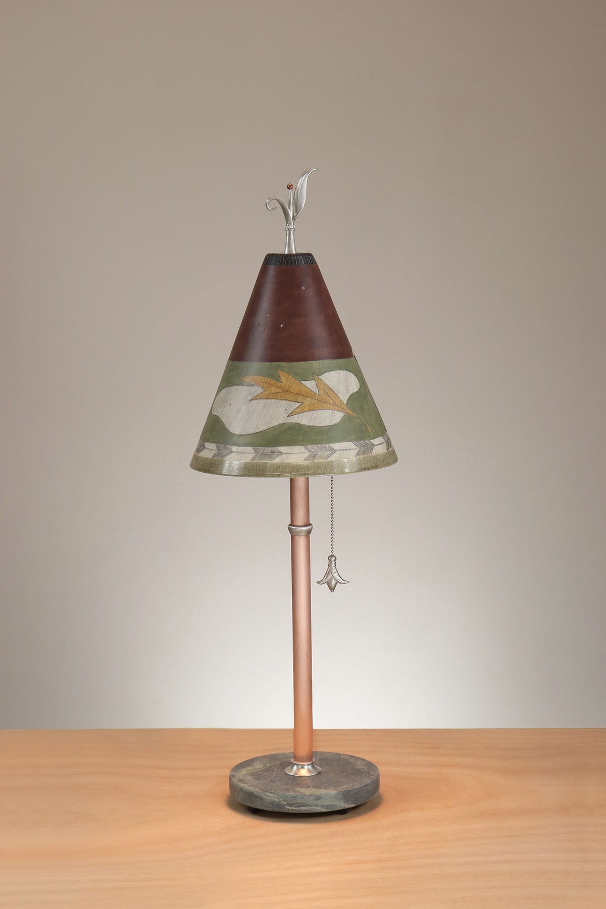 Janna Ugone &amp; Co Table Lamp Copper Table Lamp with Small Conical Ceramic Shade in Egyption Leaf