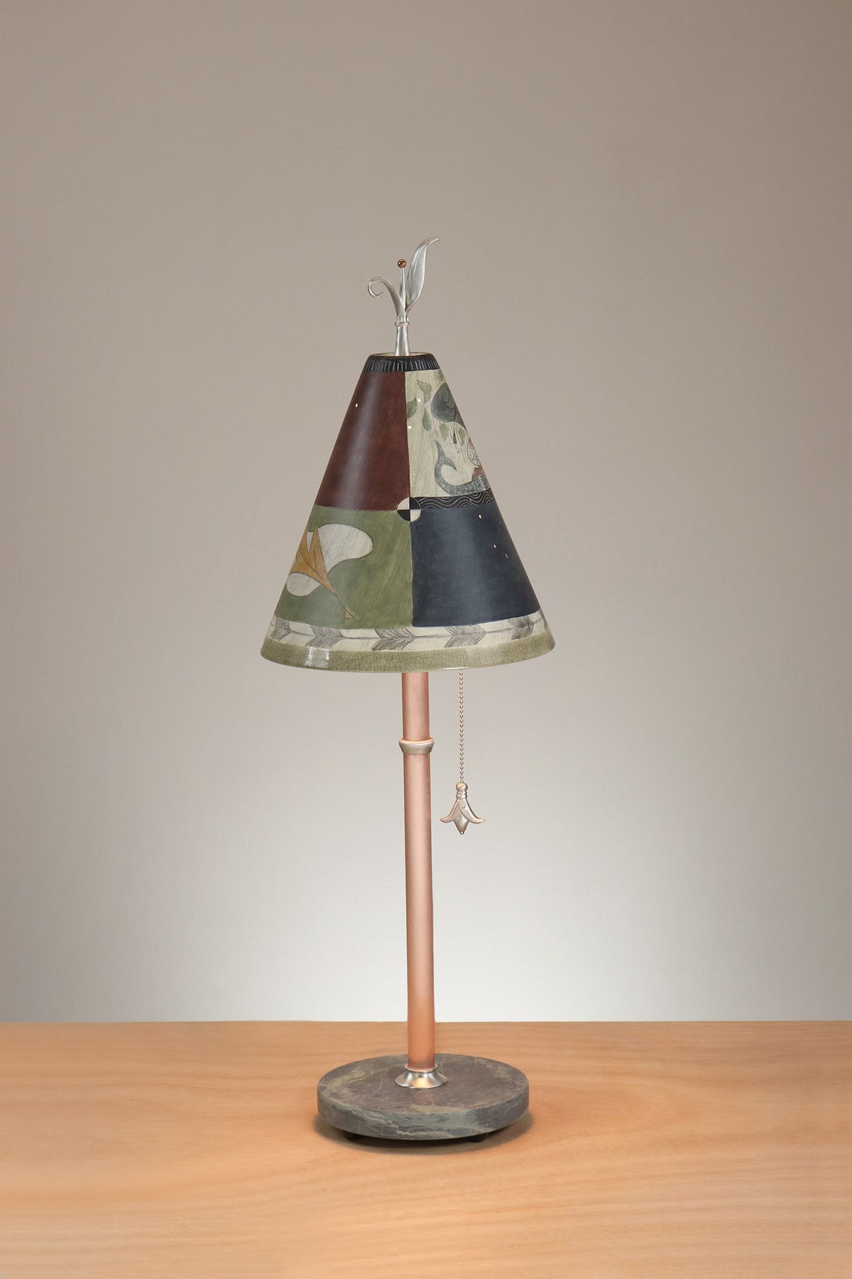 Janna Ugone &amp; Co Table Lamp Copper Table Lamp with Small Conical Ceramic Shade in Egyption Leaf