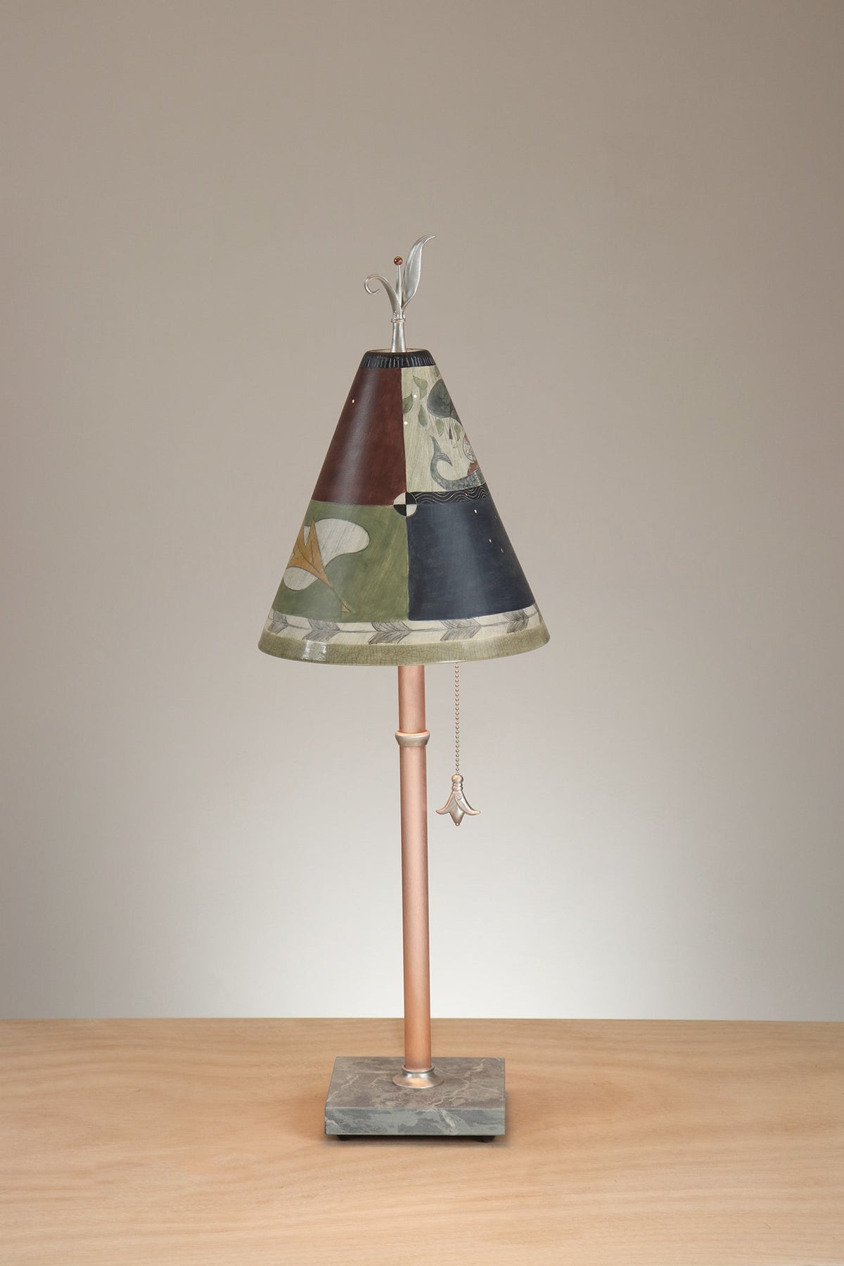 Janna Ugone &amp; Co Table Lamp Copper Table Lamp with Small Conical Ceramic Shade in Egyption Leaf