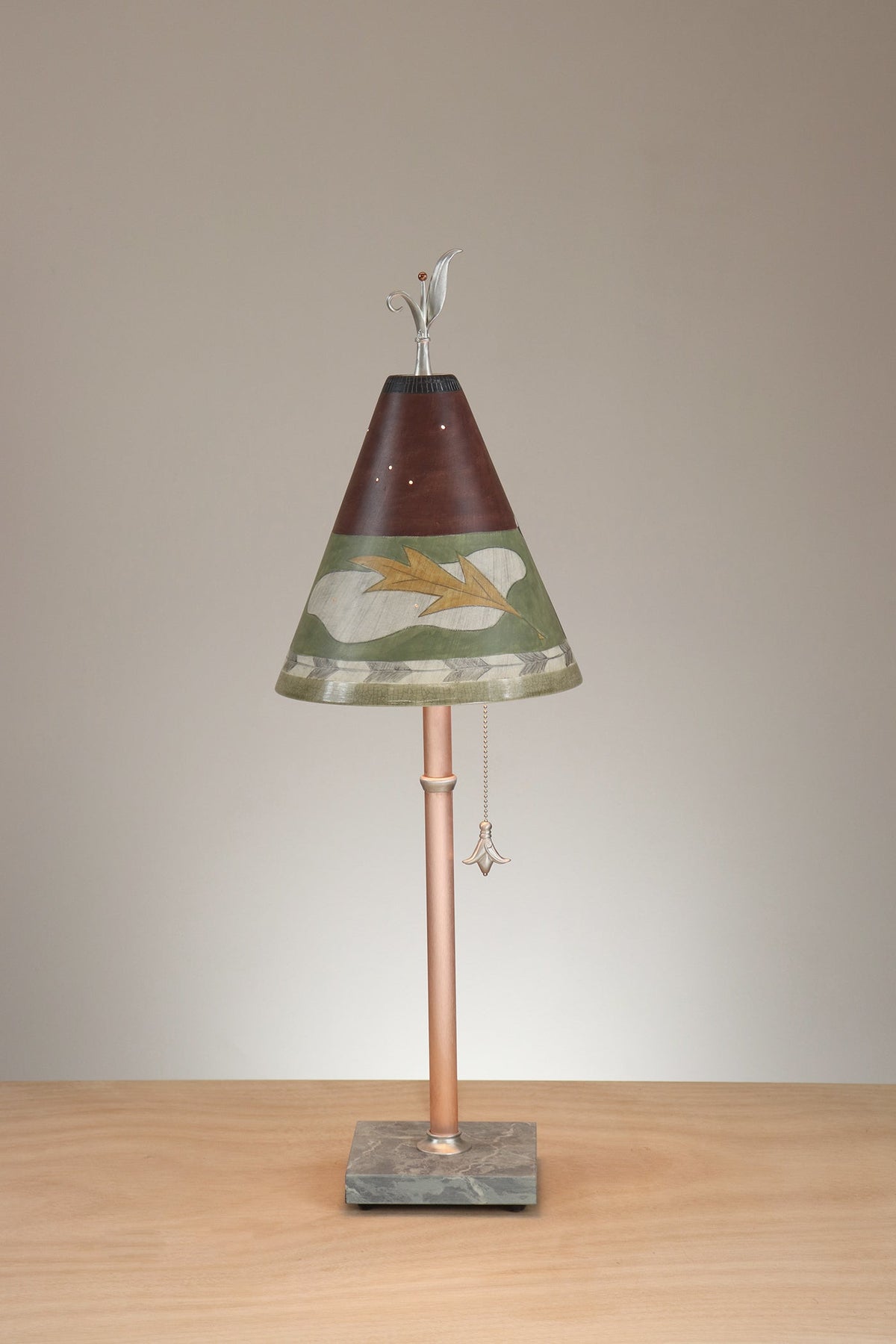 Janna Ugone &amp; Co Table Lamp Copper Table Lamp with Small Conical Ceramic Shade in Egyption Leaf