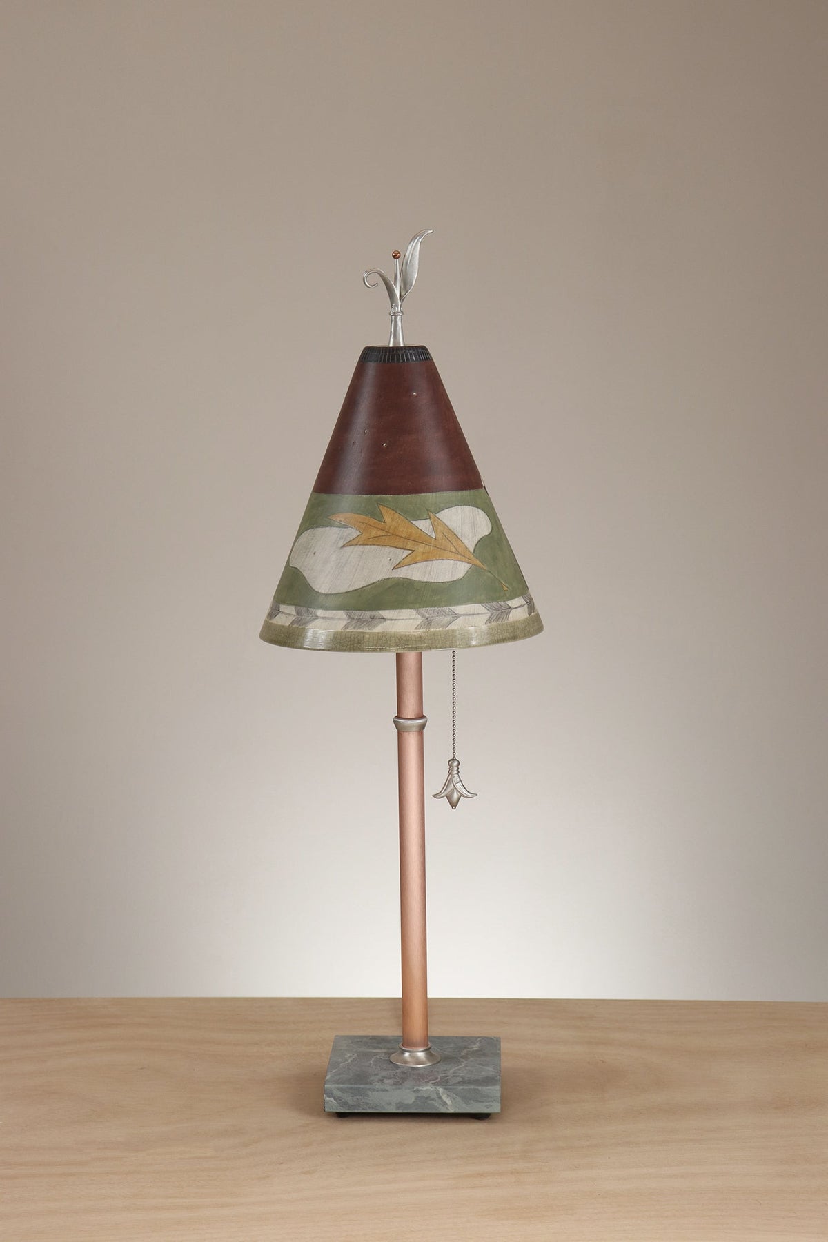 Janna Ugone &amp; Co Table Lamp Copper Table Lamp with Small Conical Ceramic Shade in Egyption Leaf