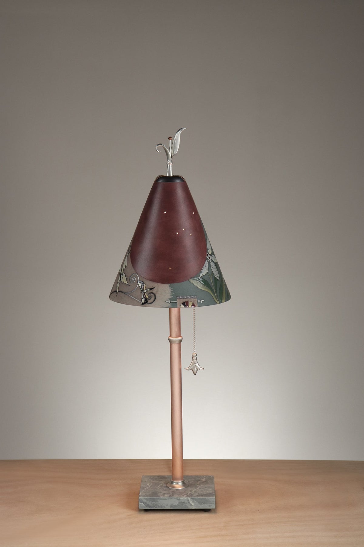 Janna Ugone &amp; Co Table Lamp Copper Table Lamp with Small Conical Ceramic Shade in Gardenscape in Cranberry