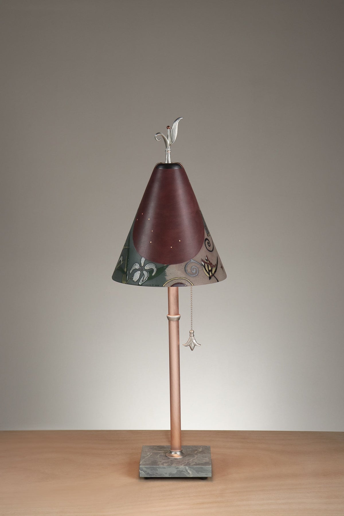 Janna Ugone &amp; Co Table Lamp Copper Table Lamp with Small Conical Ceramic Shade in Gardenscape in Cranberry