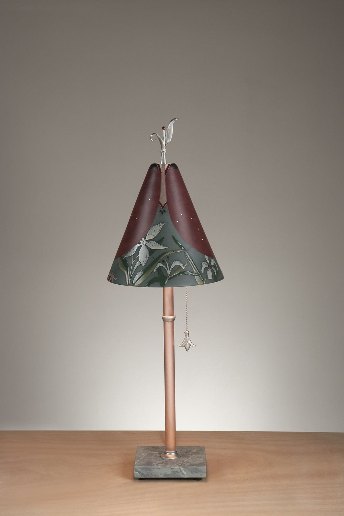 Janna Ugone &amp; Co Table Lamp Copper Table Lamp with Small Conical Ceramic Shade in Gardenscape in Cranberry