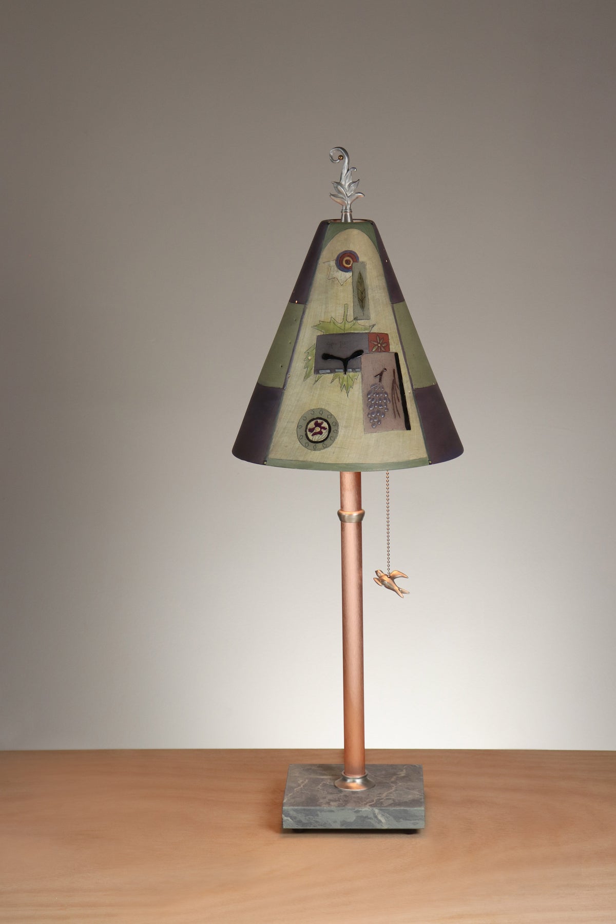 Janna Ugone &amp; Co Table Lamp Copper Table Lamp with Small Conical Ceramic Shade in Goldfinch Botanical in Grape