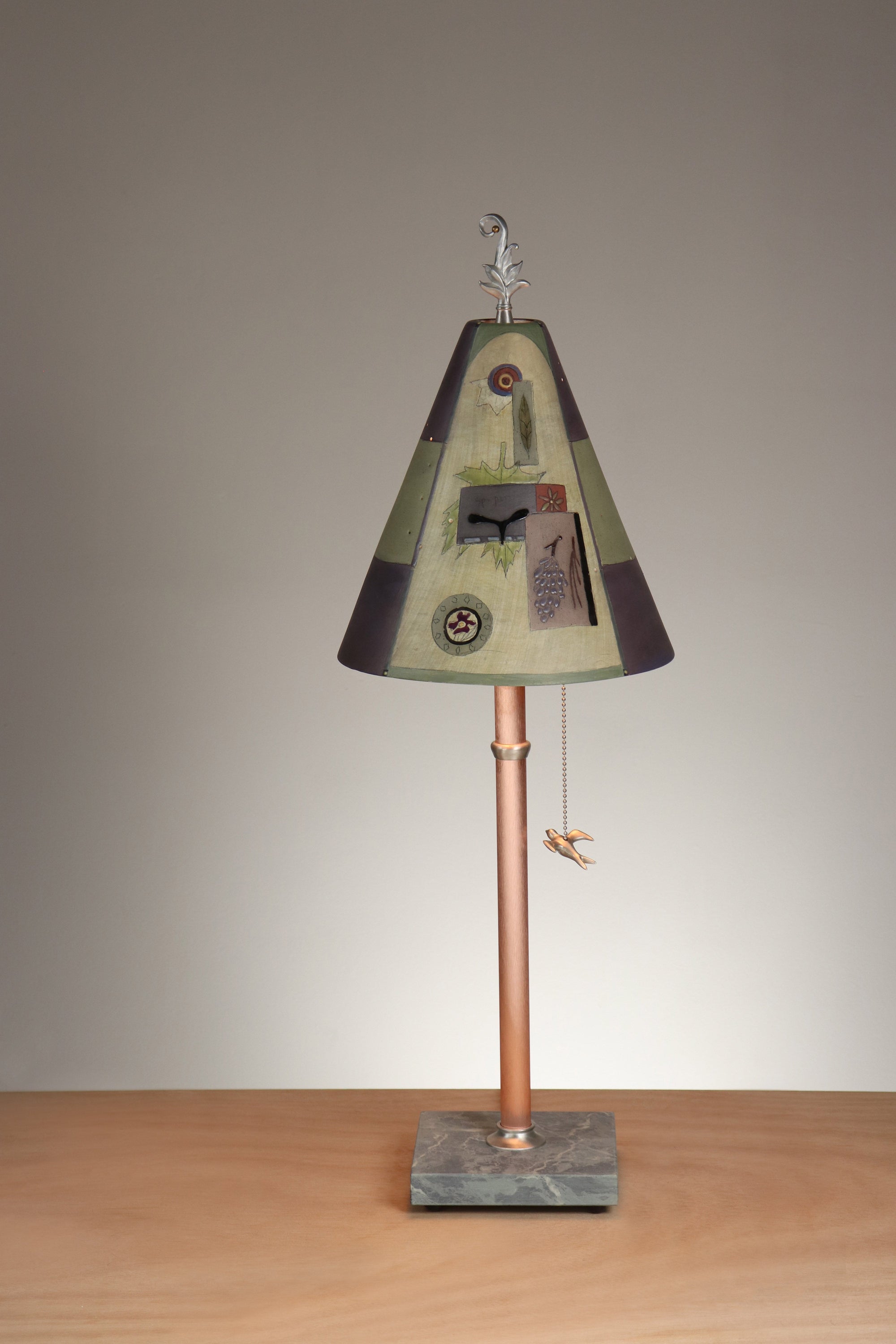 Janna Ugone & Co Table Lamp Copper Table Lamp with Small Conical Ceramic Shade in Goldfinch Botanical in Grape