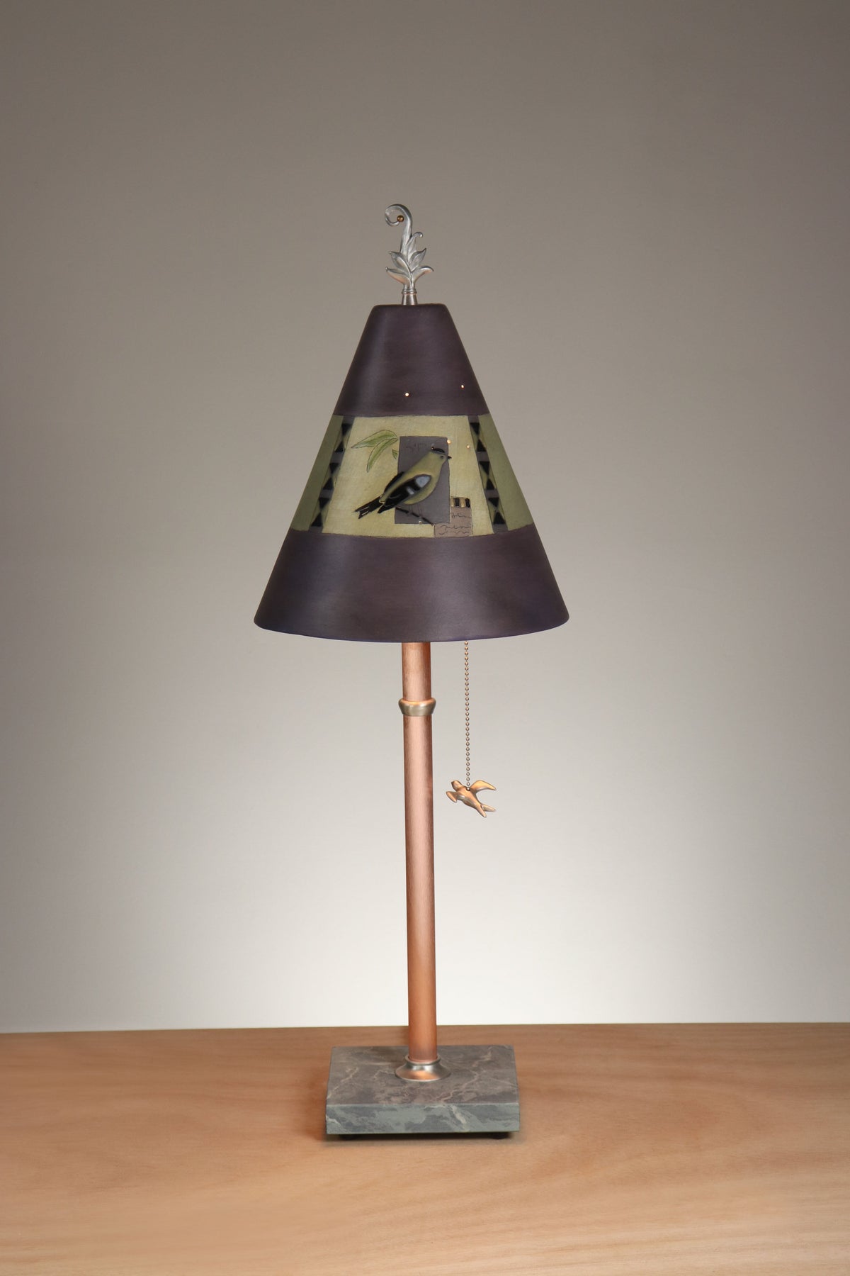 Janna Ugone &amp; Co Table Lamp Copper Table Lamp with Small Conical Ceramic Shade in Goldfinch Botanical in Grape