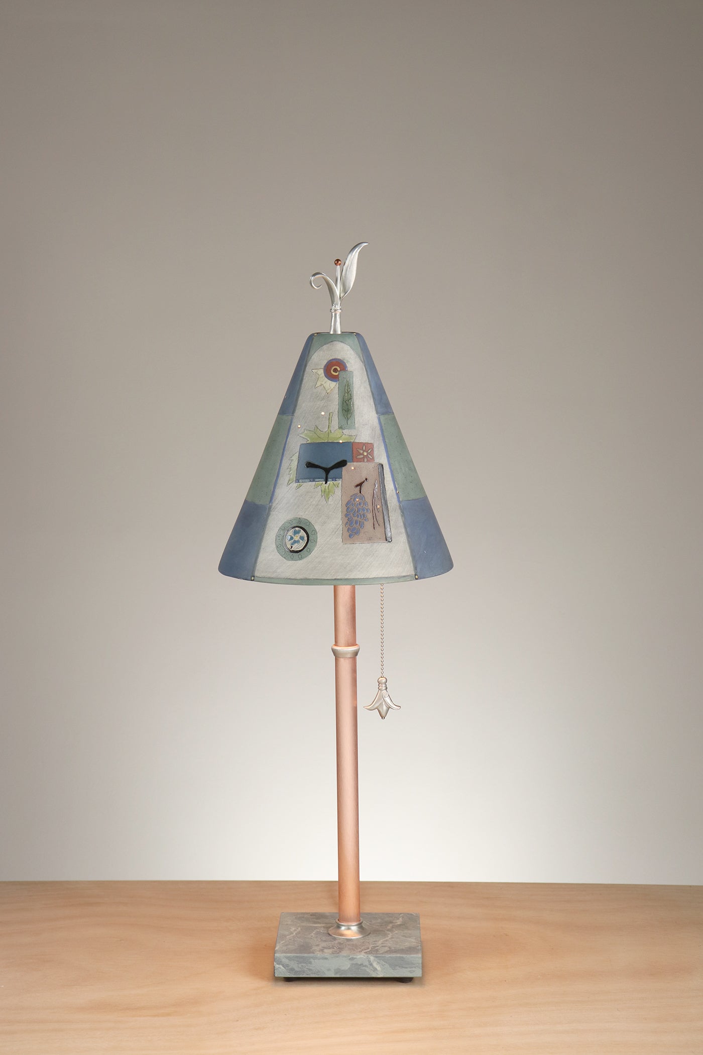 Janna Ugone & Co Table Lamp Copper Table Lamp with Small Conical Ceramic Shade in Goldfinch Botanical in Larkspur