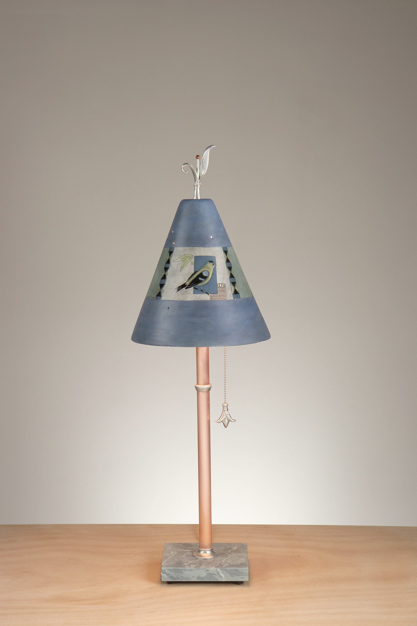 Janna Ugone & Co Table Lamp Copper Table Lamp with Small Conical Ceramic Shade in Goldfinch Botanical in Larkspur