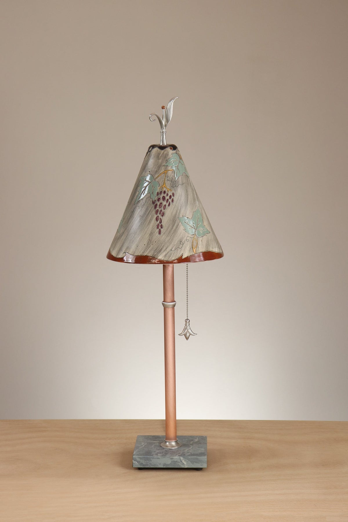 Janna Ugone &amp; Co Table Lamp Copper Table Lamp with Small Conical Ceramic Shade in Grape Leaves in Ash