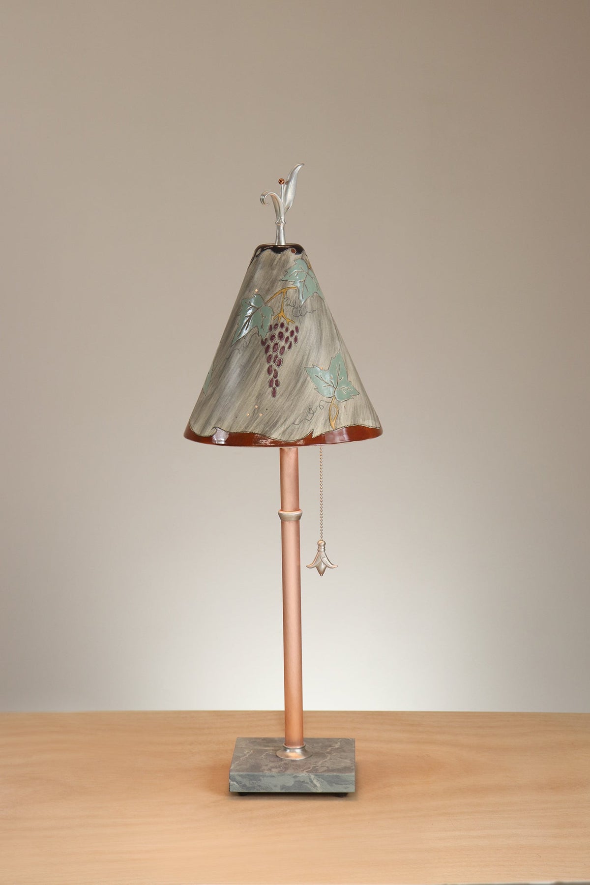 Janna Ugone &amp; Co Table Lamp Copper Table Lamp with Small Conical Ceramic Shade in Grape Leaves in Ash