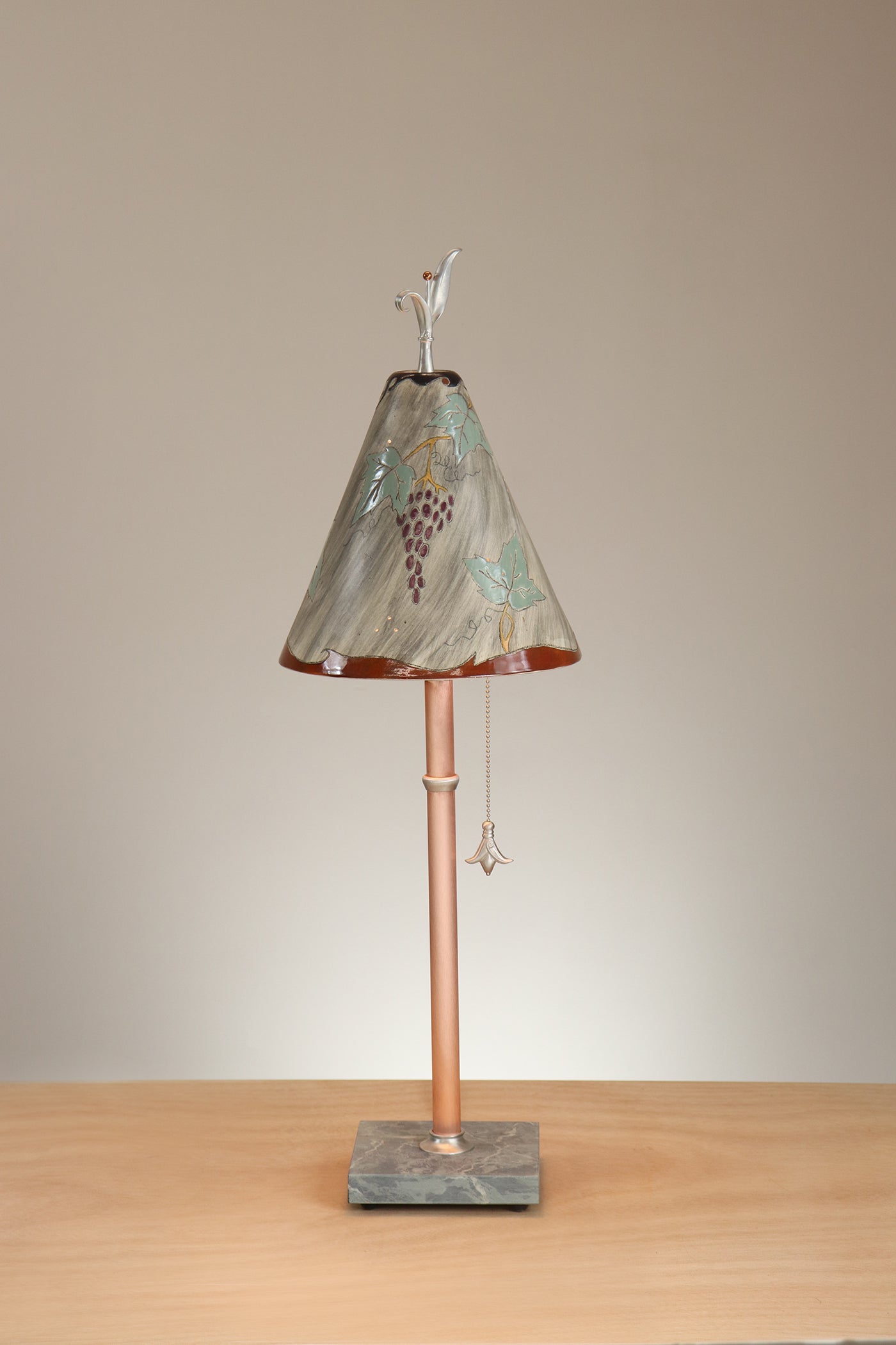 Janna Ugone & Co Table Lamp Copper Table Lamp with Small Conical Ceramic Shade in Grape Leaves in Ash