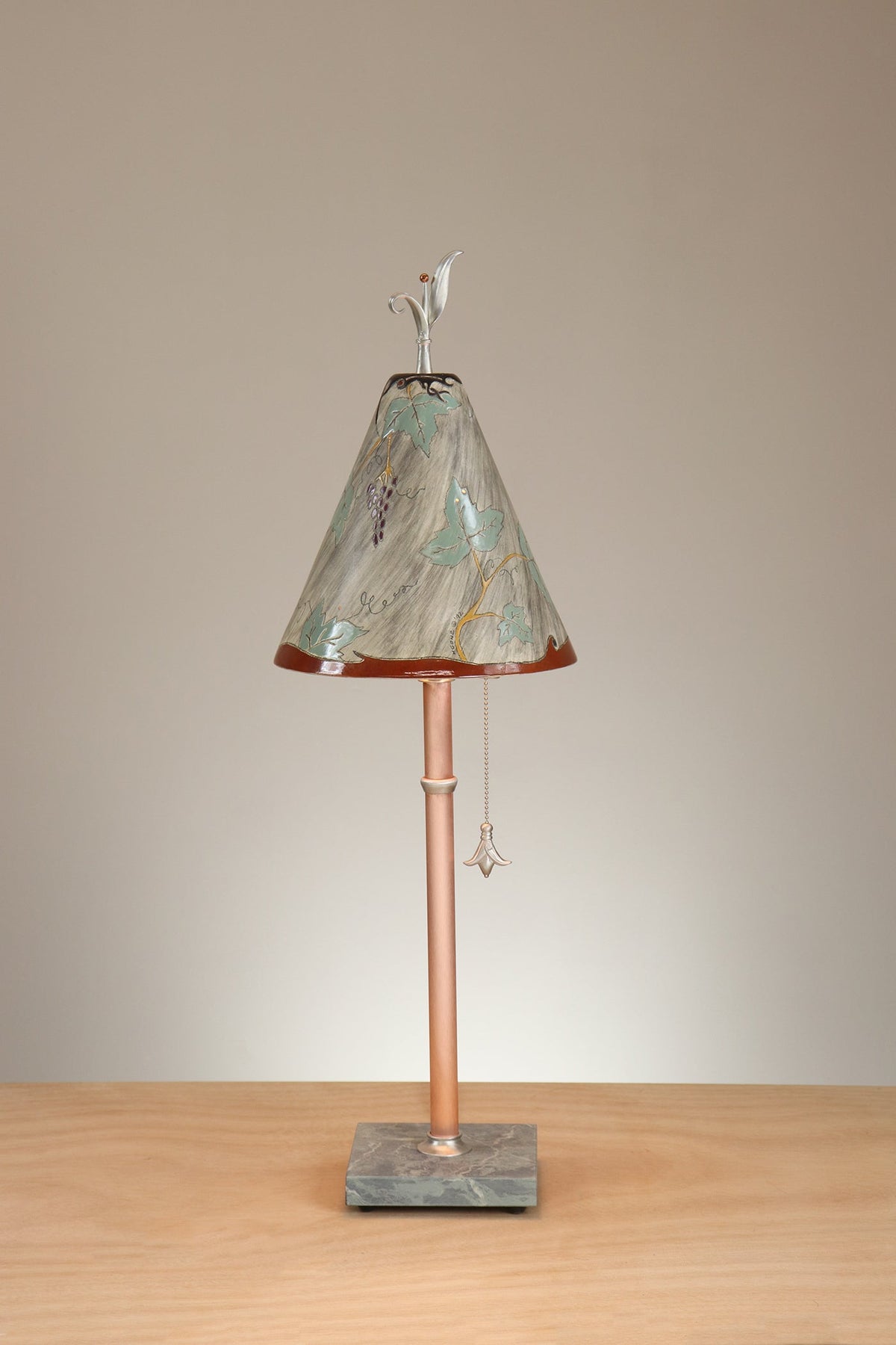 Janna Ugone &amp; Co Table Lamp Copper Table Lamp with Small Conical Ceramic Shade in Grape Leaves in Ash