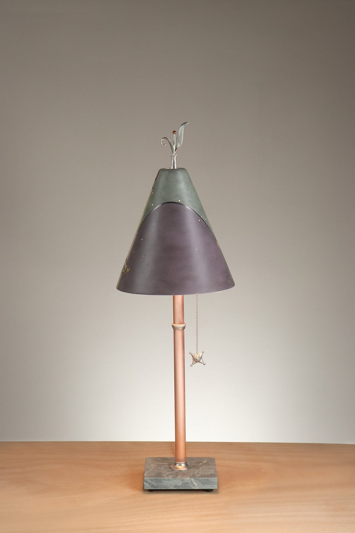 Janna Ugone &amp; Co Table Lamp Copper Table Lamp with Small Conical Ceramic Shade in Grape Leaves in Peach