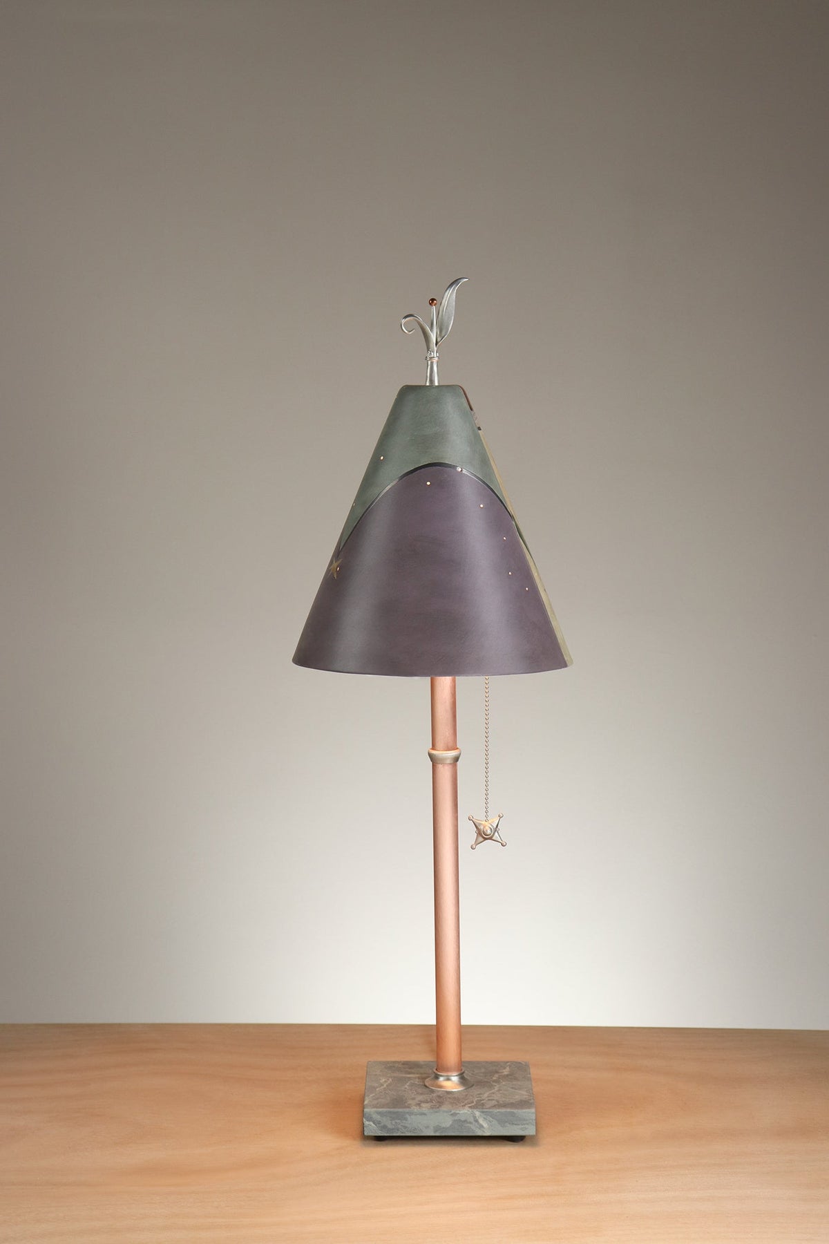 Janna Ugone &amp; Co Table Lamp Copper Table Lamp with Small Conical Ceramic Shade in Grape Leaves in Peach