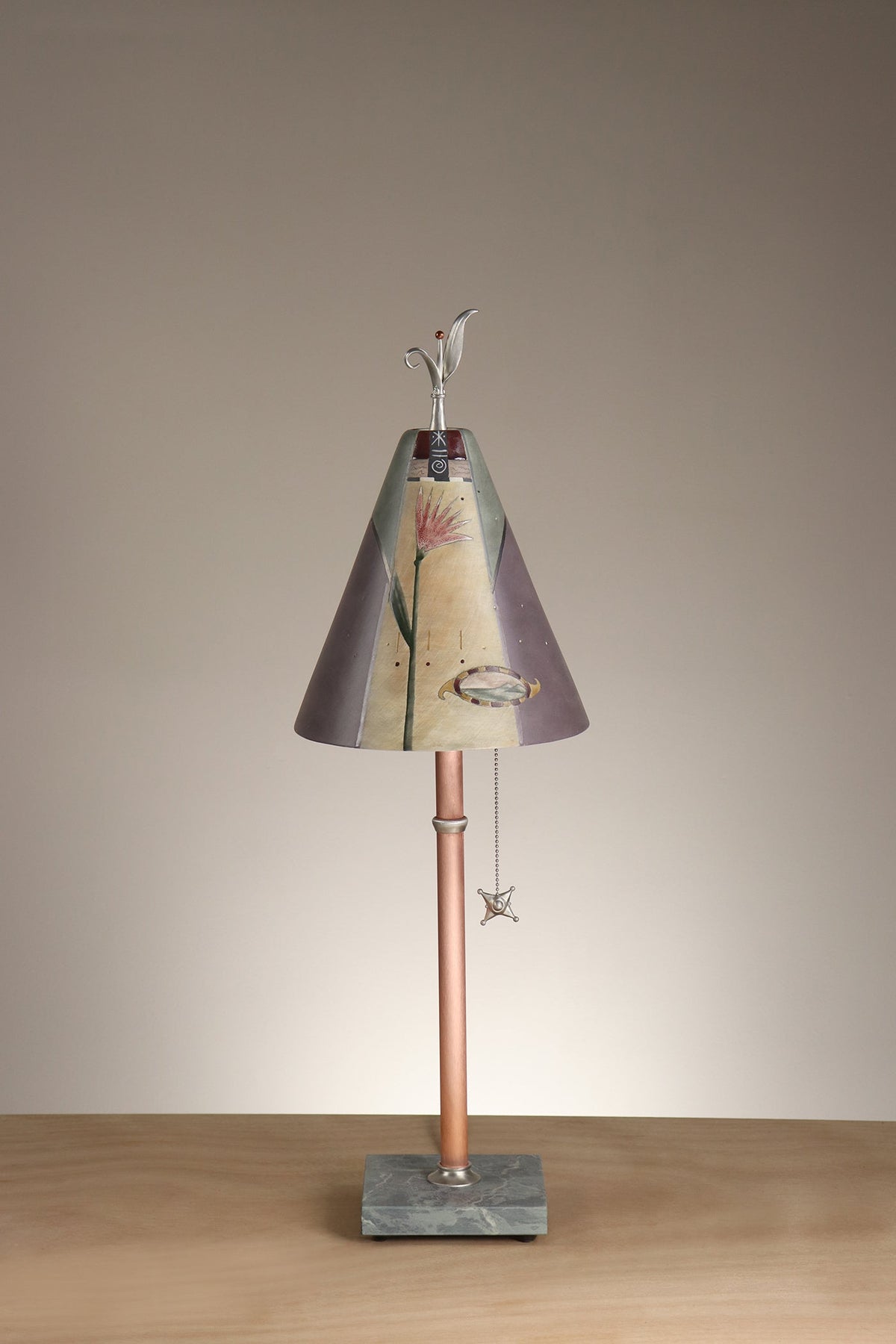 Janna Ugone &amp; Co Table Lamp Copper Table Lamp with Small Conical Ceramic Shade in Grape Leaves in Peach