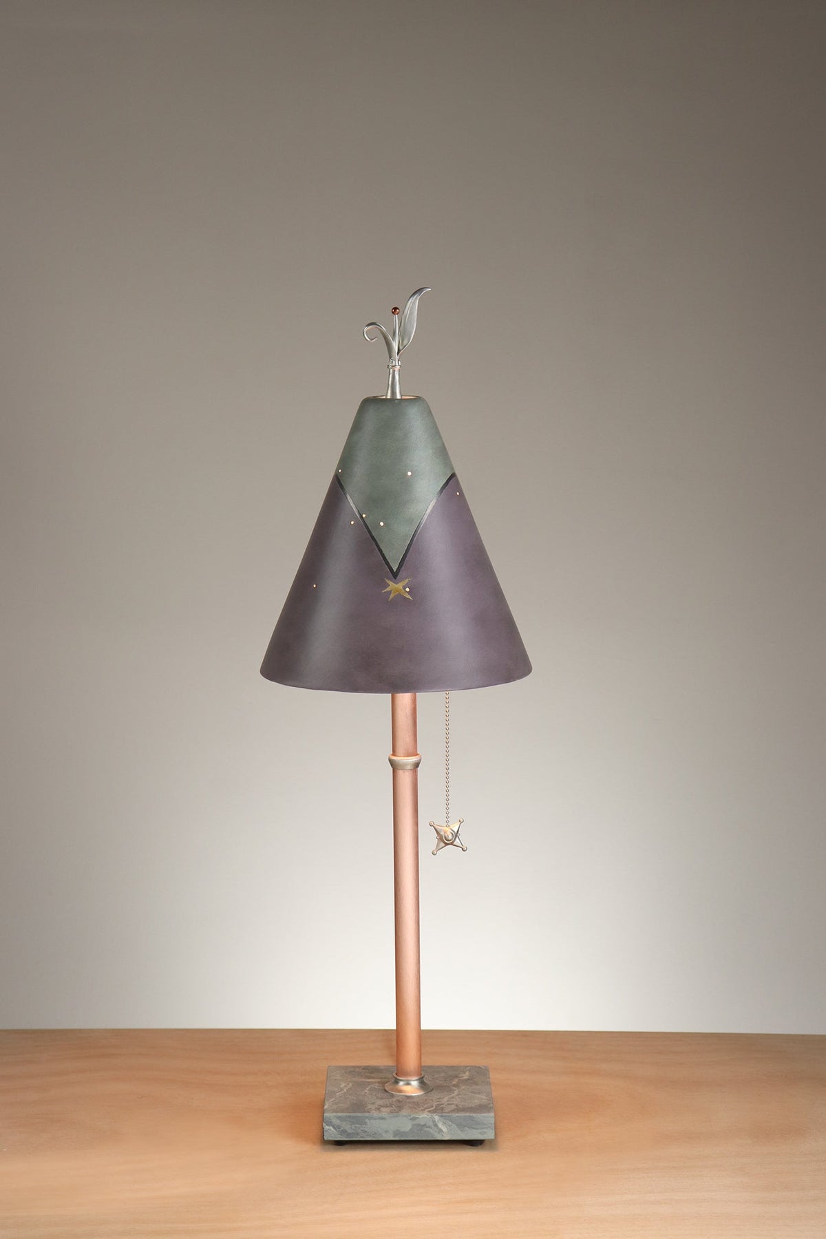 Janna Ugone &amp; Co Table Lamp Copper Table Lamp with Small Conical Ceramic Shade in Grape Leaves in Peach