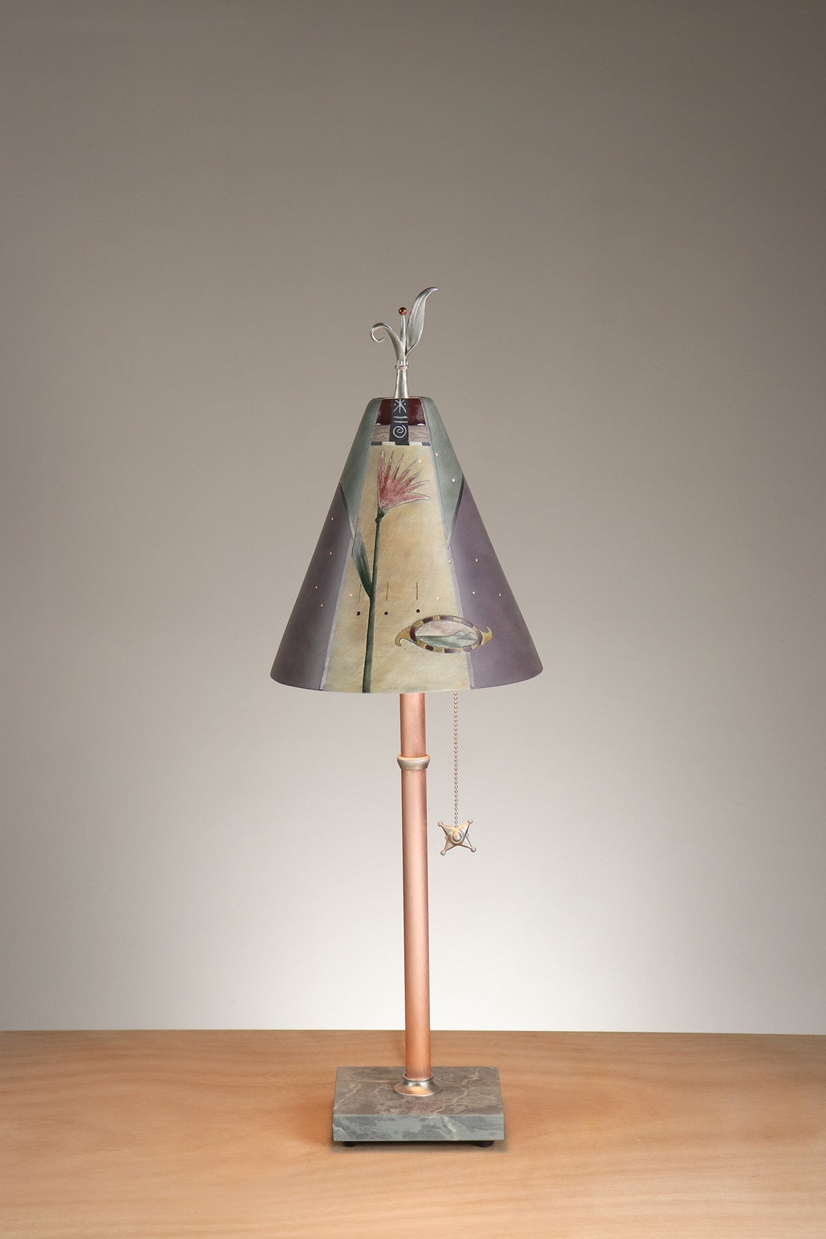 Janna Ugone &amp; Co Table Lamp Copper Table Lamp with Small Conical Ceramic Shade in Grape Leaves in Peach