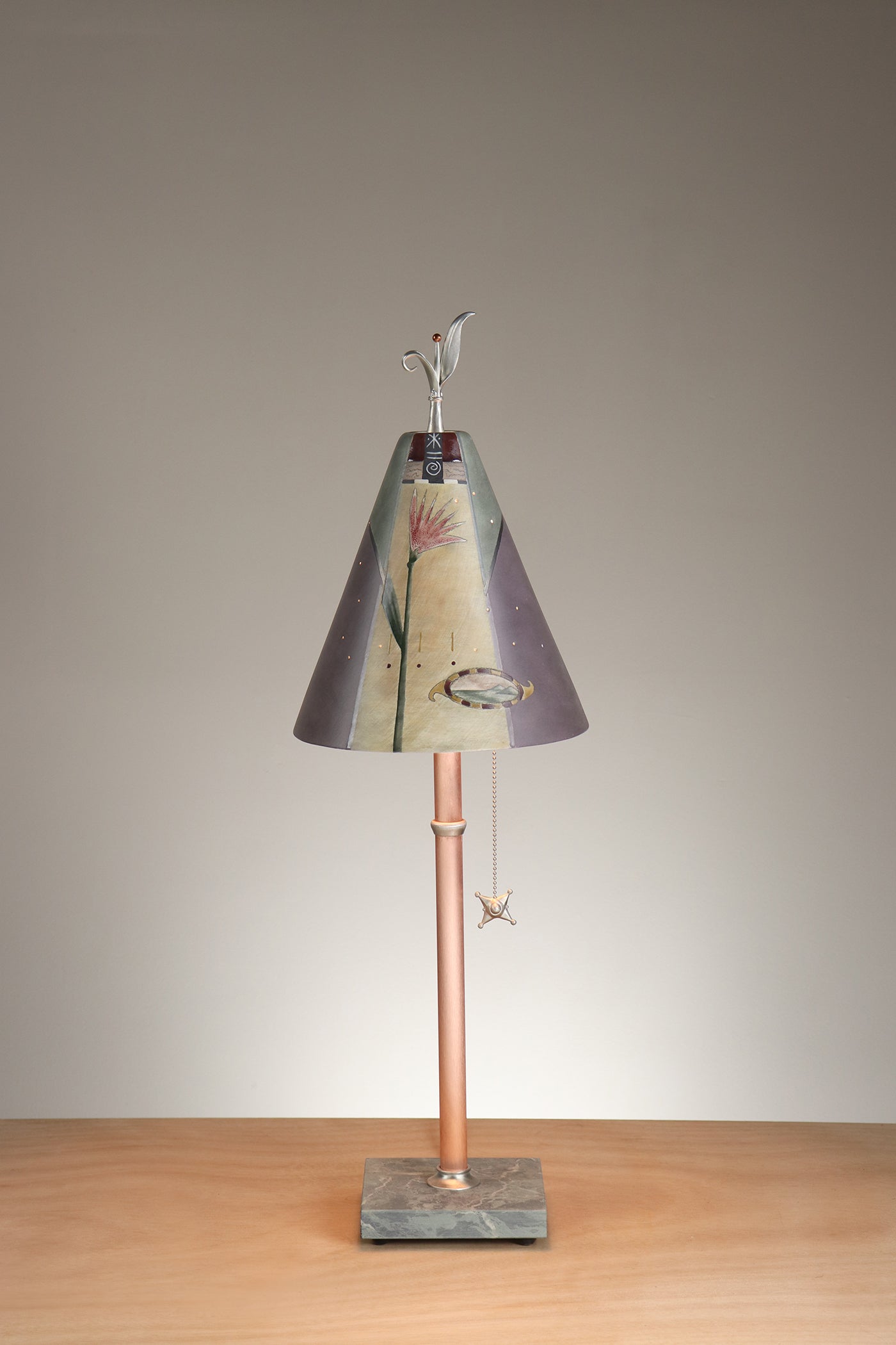 Janna Ugone & Co Table Lamp Copper Table Lamp with Small Conical Ceramic Shade in Grape Leaves in Peach