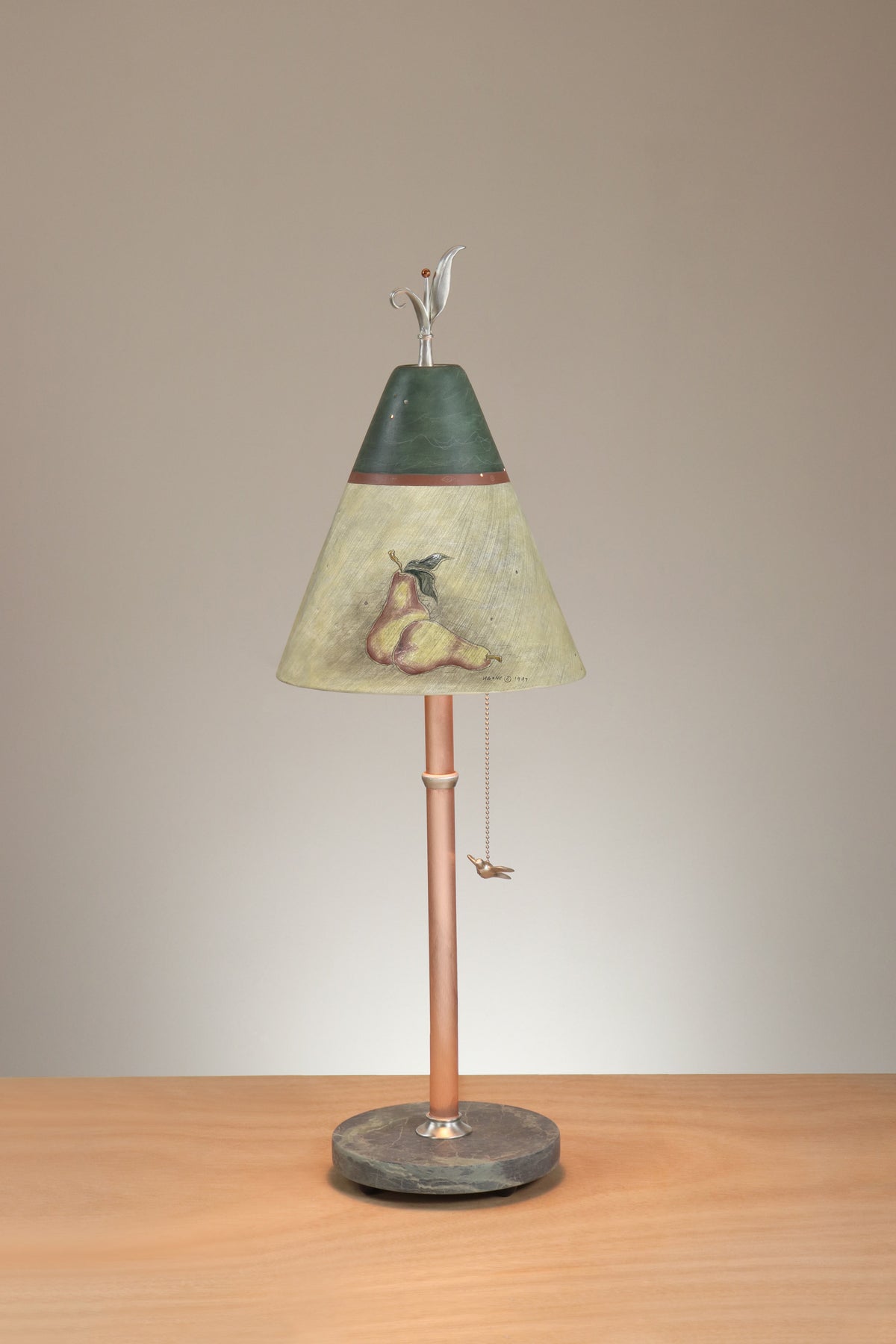 Janna Ugone &amp; Co Table Lamp Copper Table Lamp with Small Conical Ceramic Shade in Journal Drawings in Amber &amp; Hunter