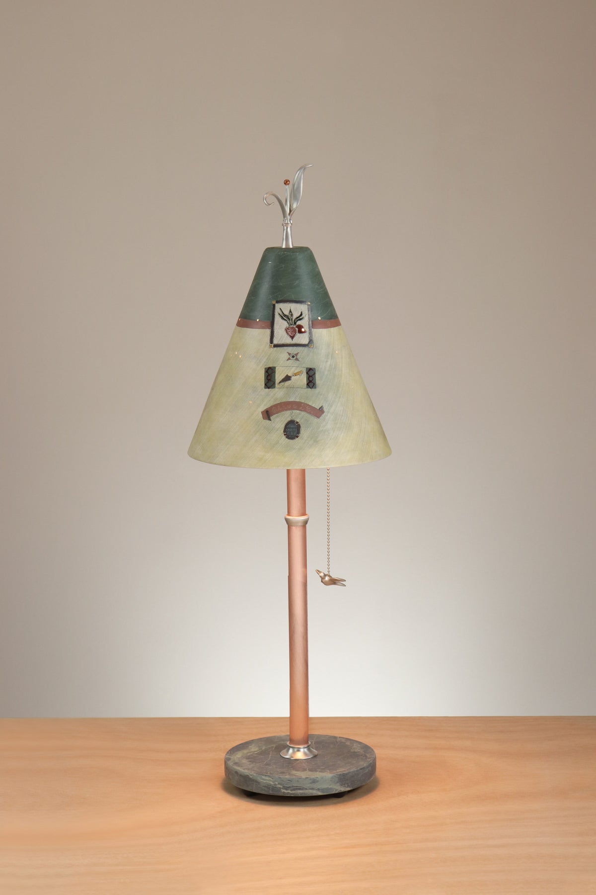 Janna Ugone &amp; Co Table Lamp Copper Table Lamp with Small Conical Ceramic Shade in Journal Drawings in Amber &amp; Hunter