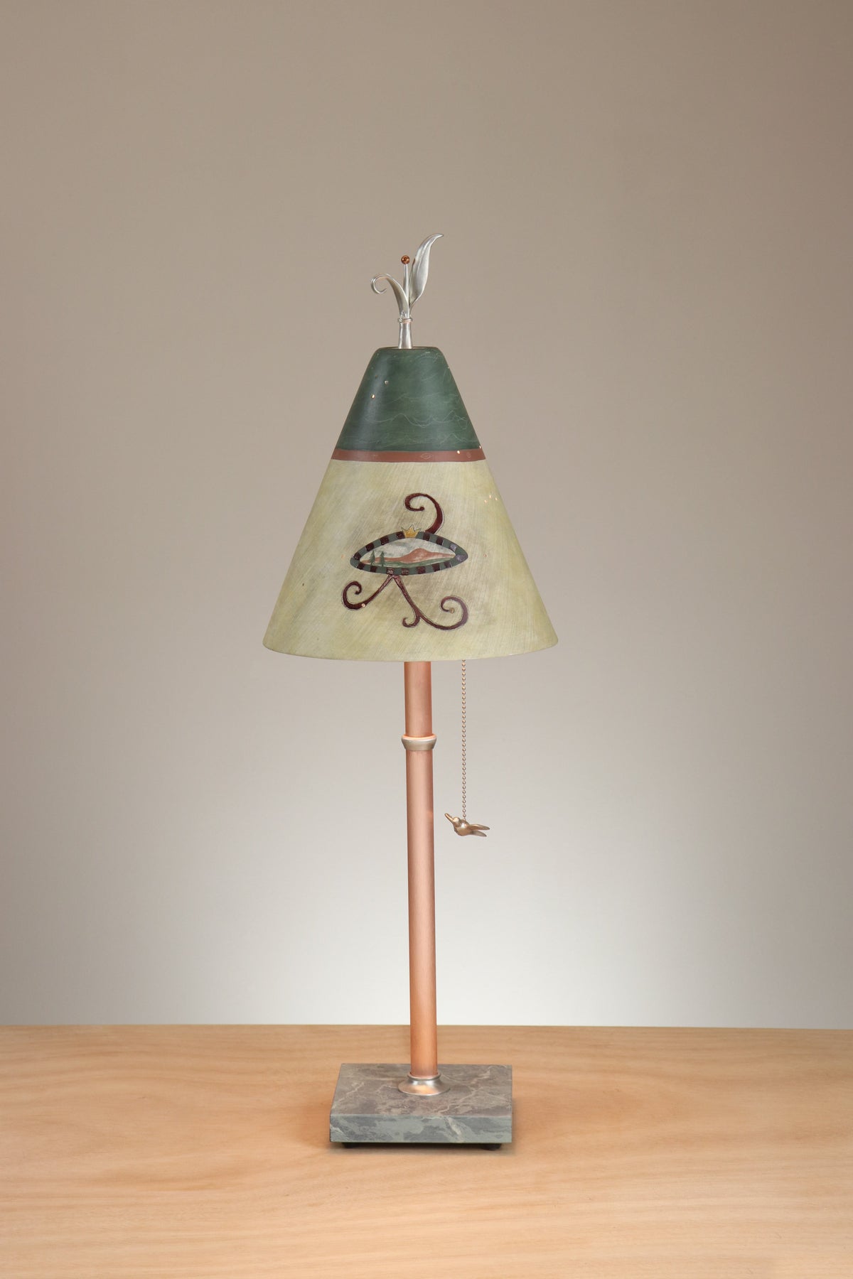 Janna Ugone &amp; Co Table Lamp Copper Table Lamp with Small Conical Ceramic Shade in Journal Drawings in Amber &amp; Hunter