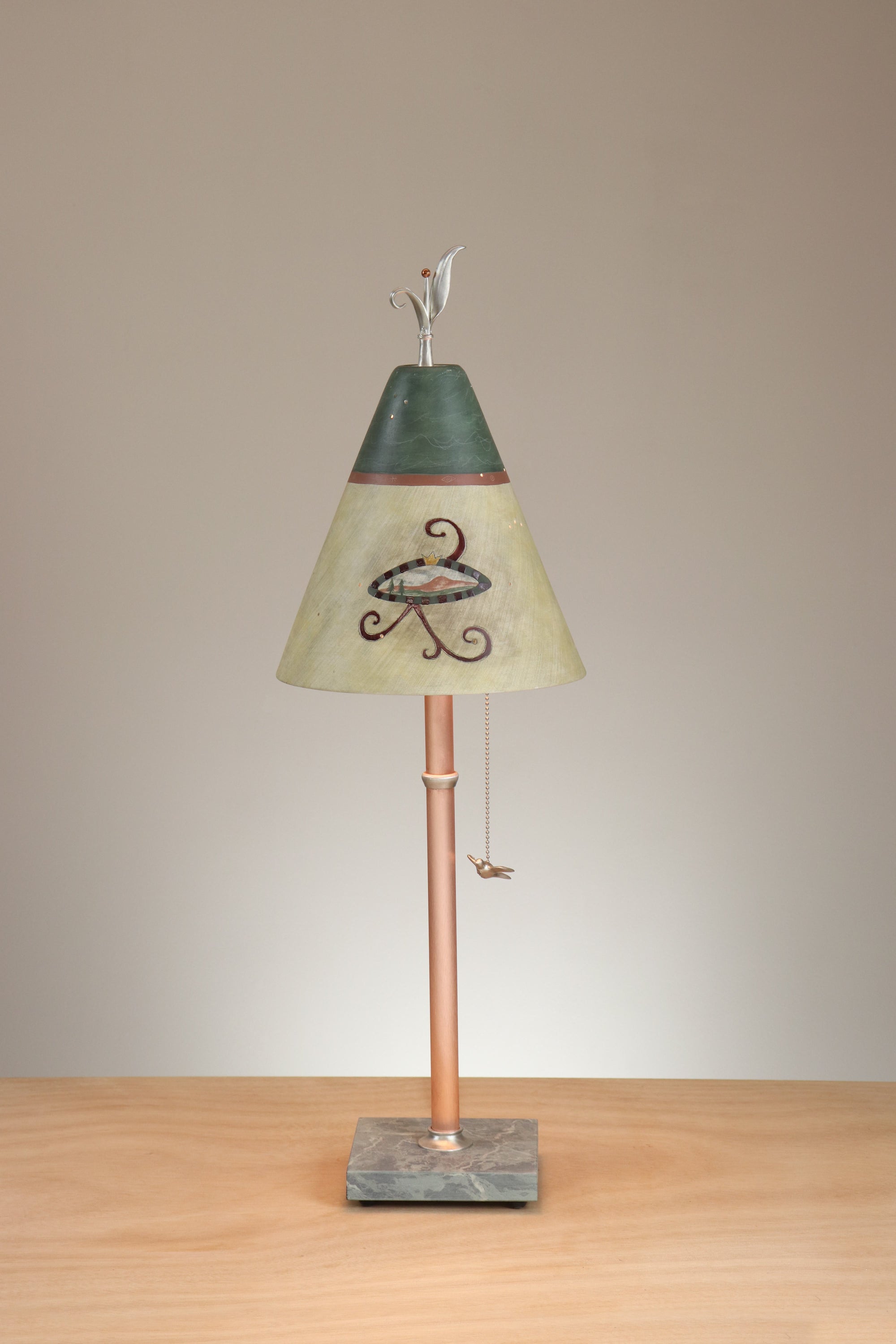 Janna Ugone & Co Table Lamp Copper Table Lamp with Small Conical Ceramic Shade in Journal Drawings in Amber & Hunter