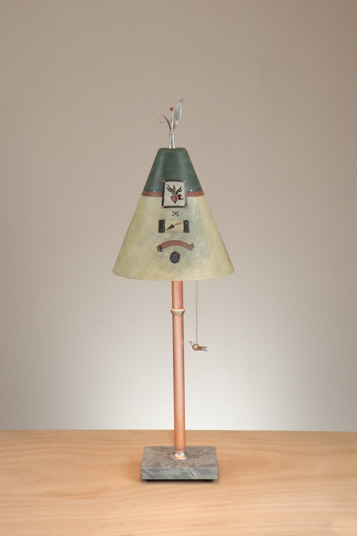 Janna Ugone &amp; Co Table Lamp Copper Table Lamp with Small Conical Ceramic Shade in Journal Drawings in Amber &amp; Hunter