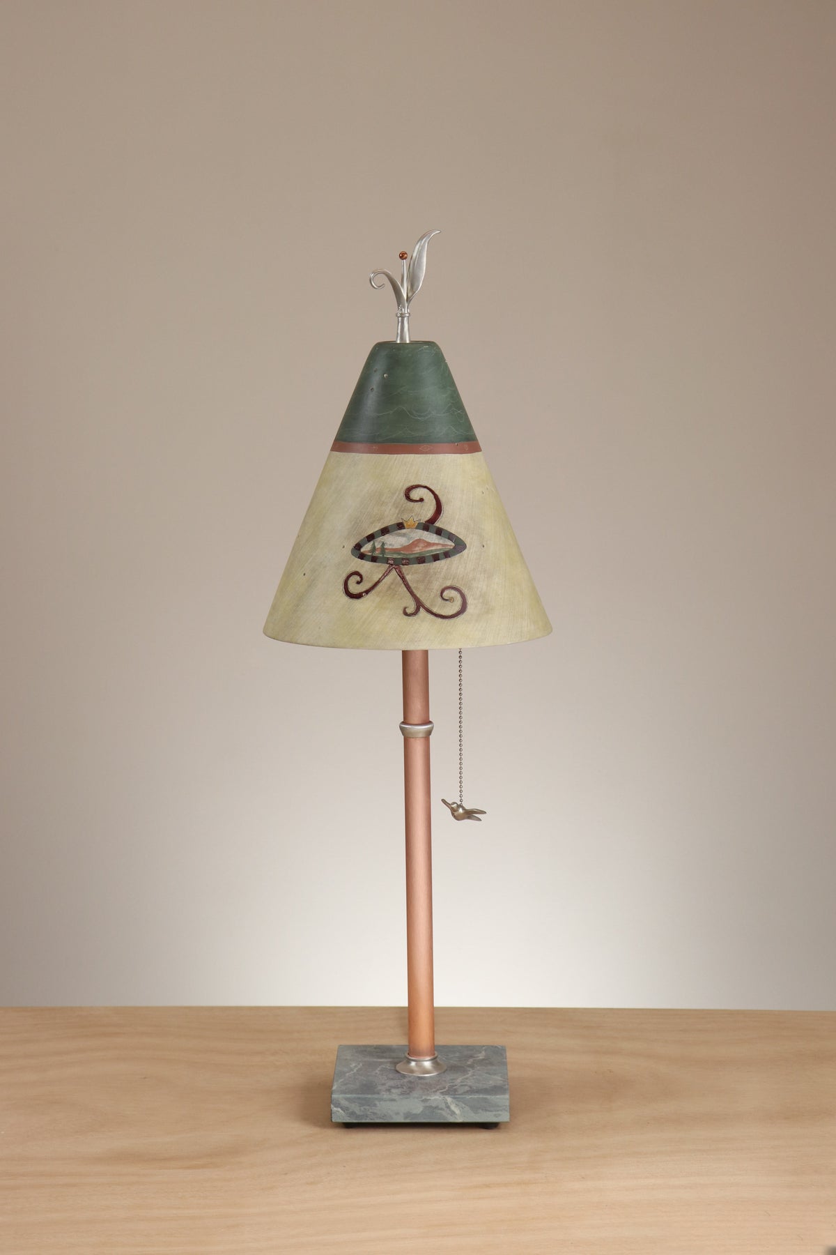 Janna Ugone &amp; Co Table Lamp Copper Table Lamp with Small Conical Ceramic Shade in Journal Drawings in Amber &amp; Hunter