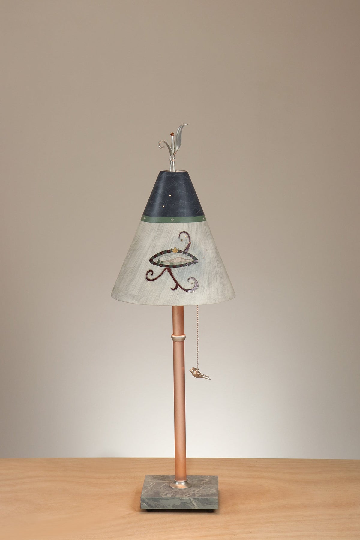 Janna Ugone &amp; Co Table Lamp Copper Table Lamp with Small Conical Ceramic Shade in Journal Drawings in Indigo